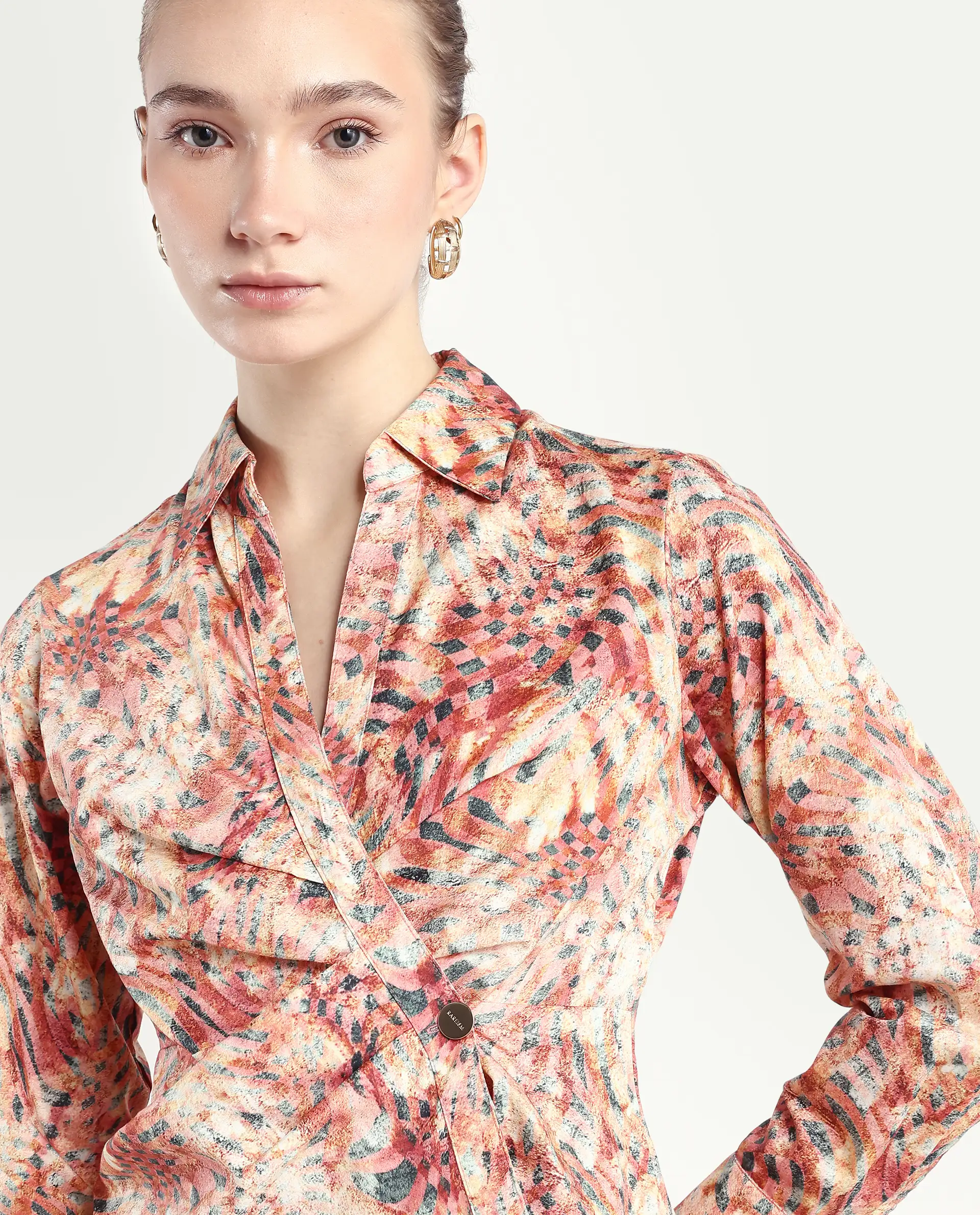 Rareism Women's Matay Multi Cotton Blend Johnny Collar Geometric Print Regular Fit Top - Image 3