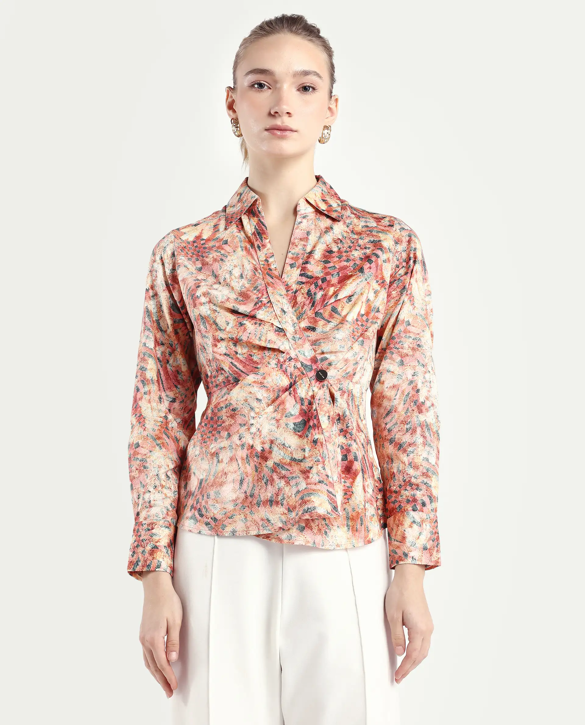 Rareism Women's Matay Multi Cotton Blend Johnny Collar Geometric Print Regular Fit Top - Image 4