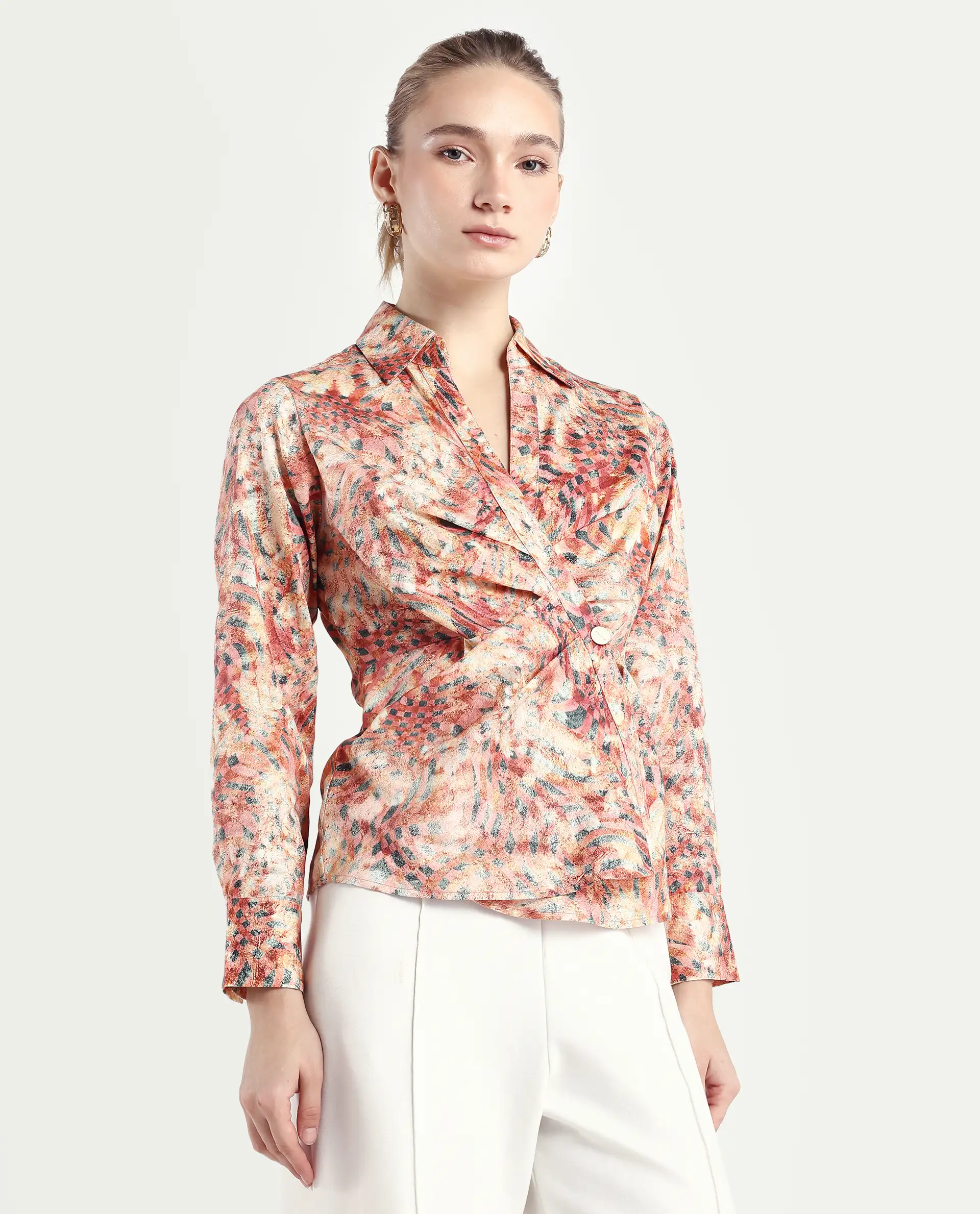 Rareism Women's Matay Multi Cotton Blend Johnny Collar Geometric Print Regular Fit Top - Image 6
