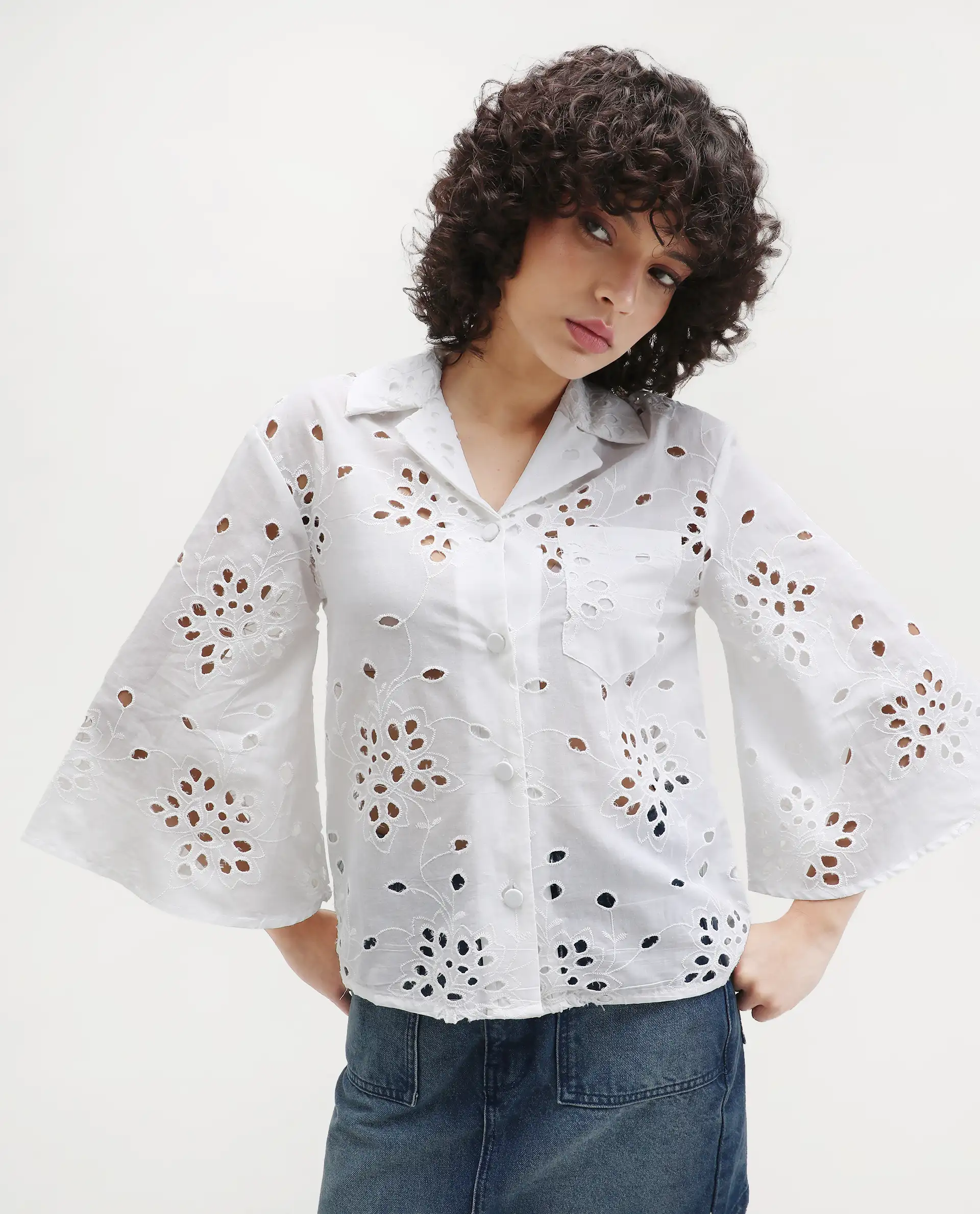 Rareism Women's Matcha White Schiffli Drop Collar Plain Regular Fit Top
