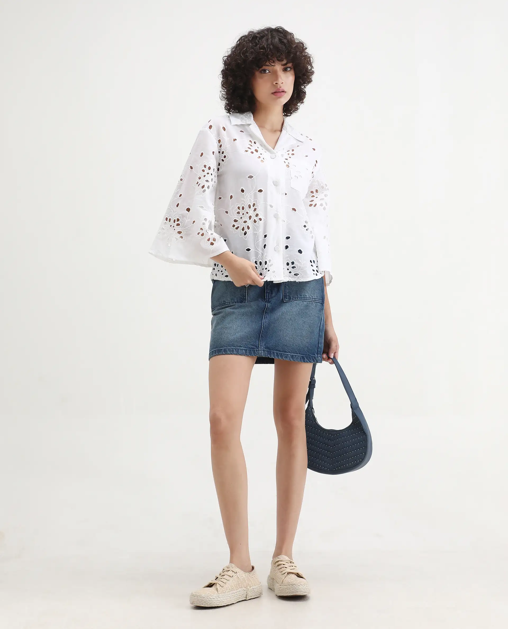 Rareism Women's Matcha White Schiffli Drop Collar Plain Regular Fit Top - Image 2