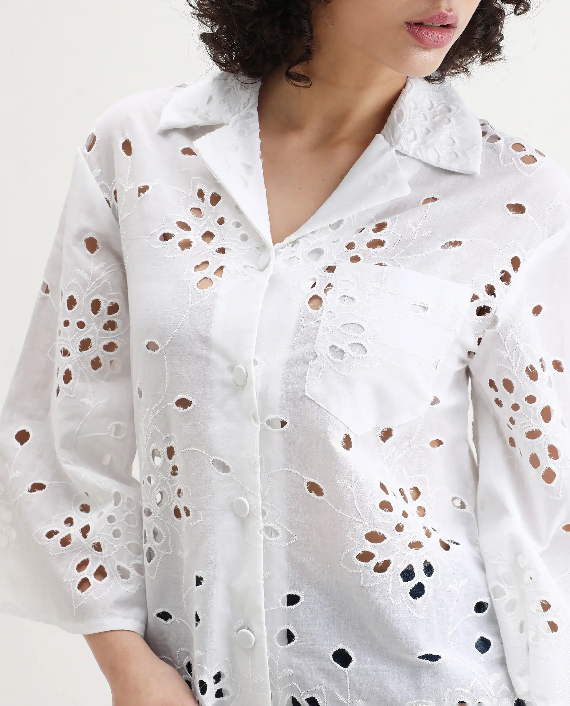Rareism Women's Matcha White Schiffli Drop Collar Plain Regular Fit Top - Image 3