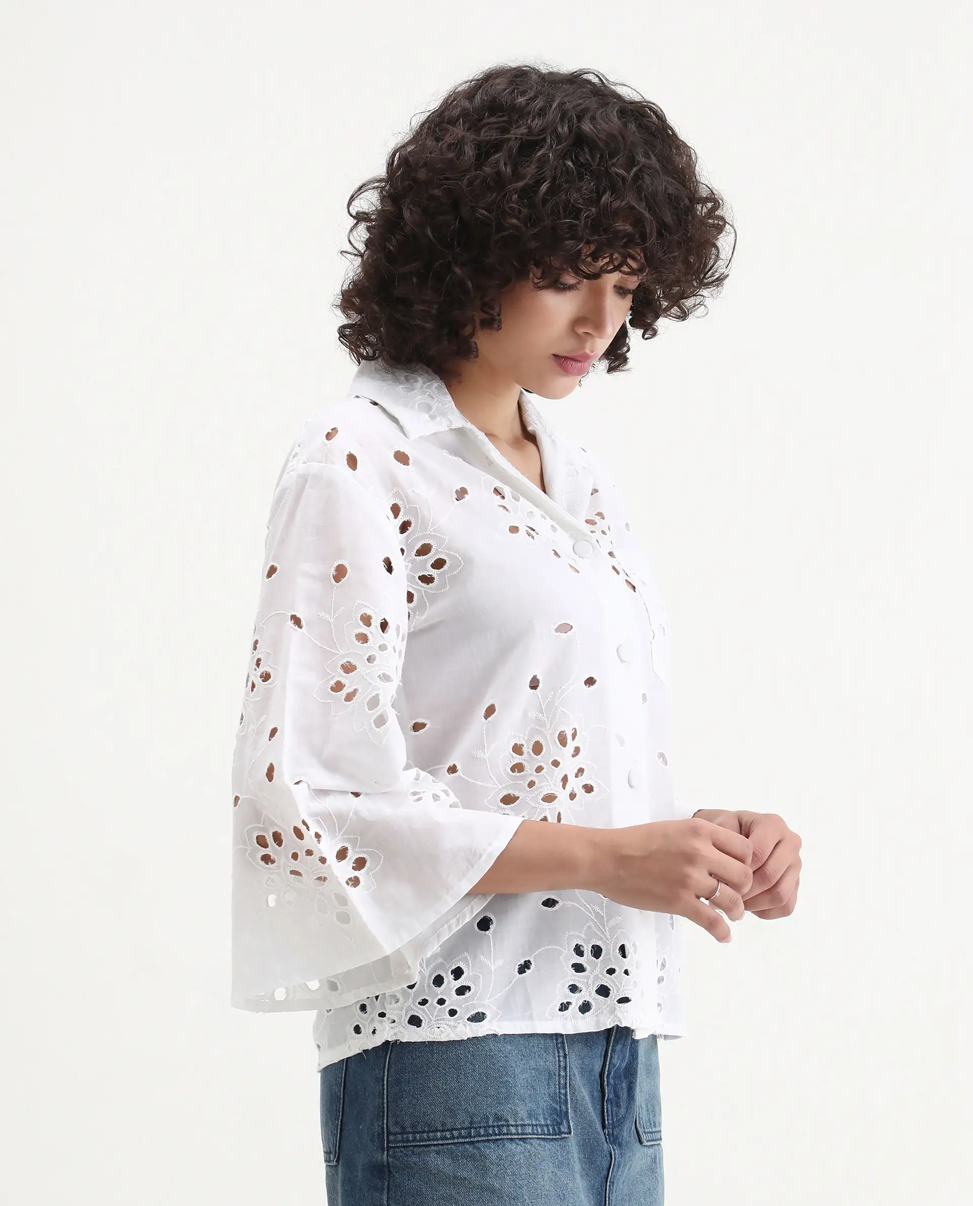 Rareism Women's Matcha White Schiffli Drop Collar Plain Regular Fit Top - Image 4