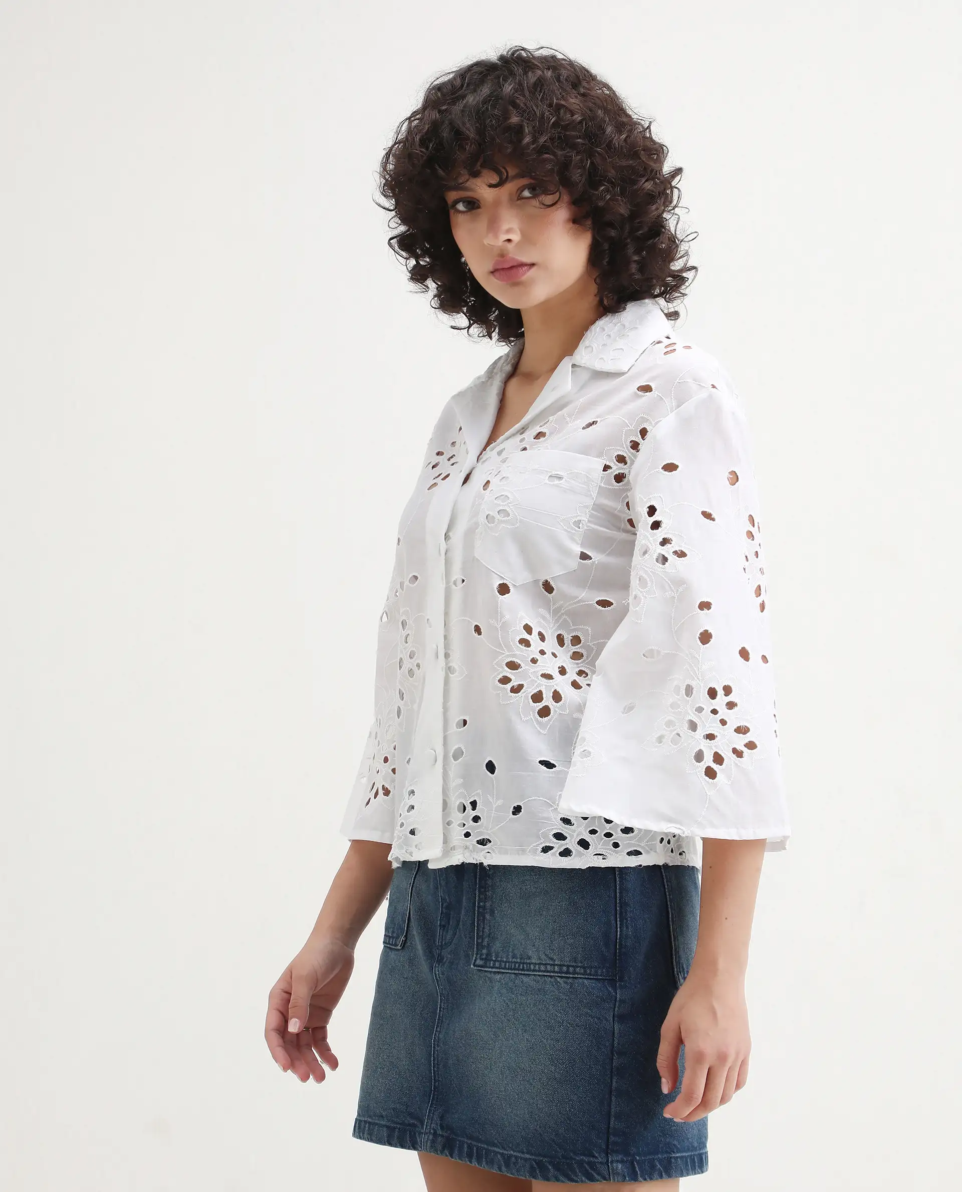Rareism Women's Matcha White Schiffli Drop Collar Plain Regular Fit Top - Image 5