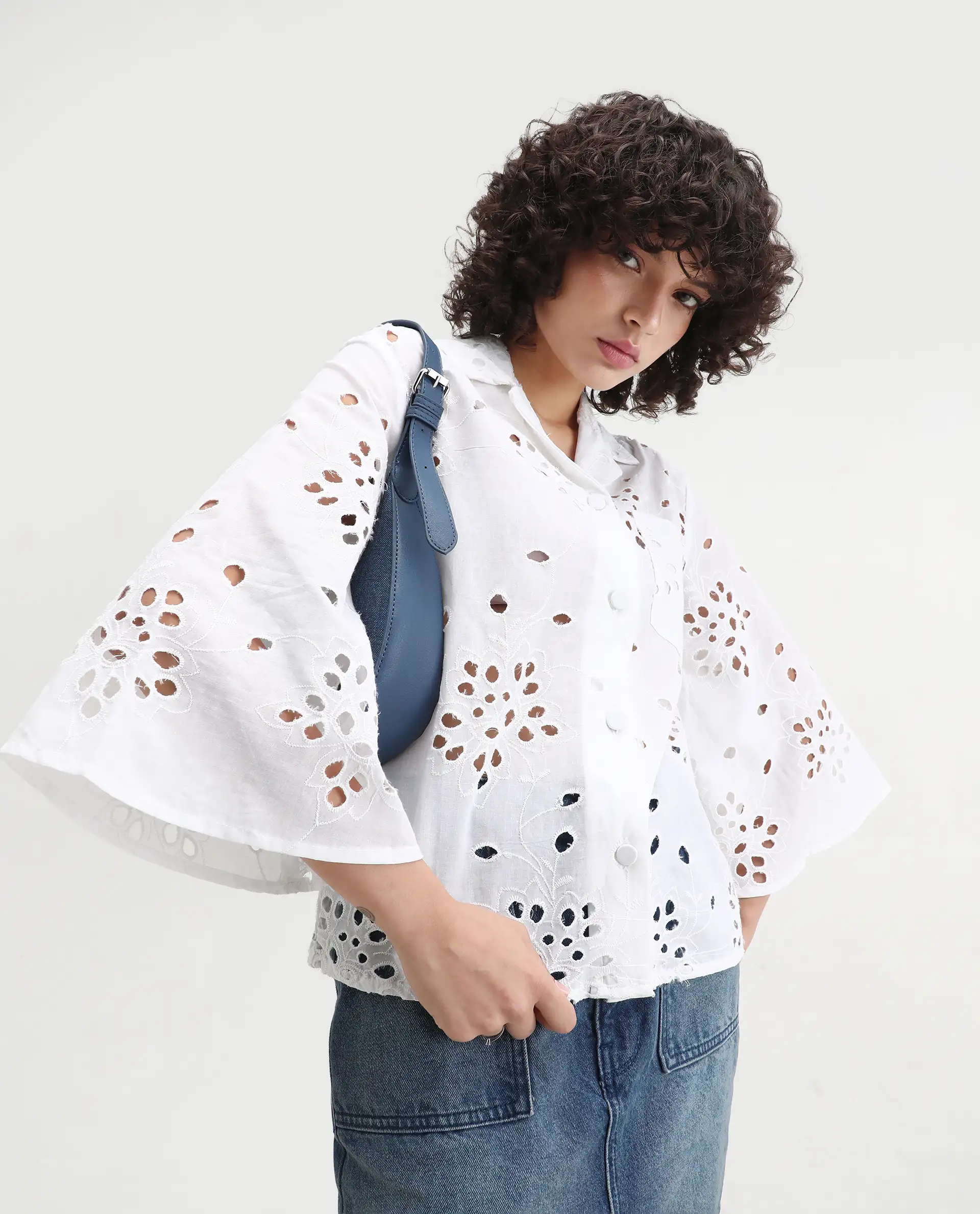 Rareism Women's Matcha White Schiffli Drop Collar Plain Regular Fit Top - Image 6