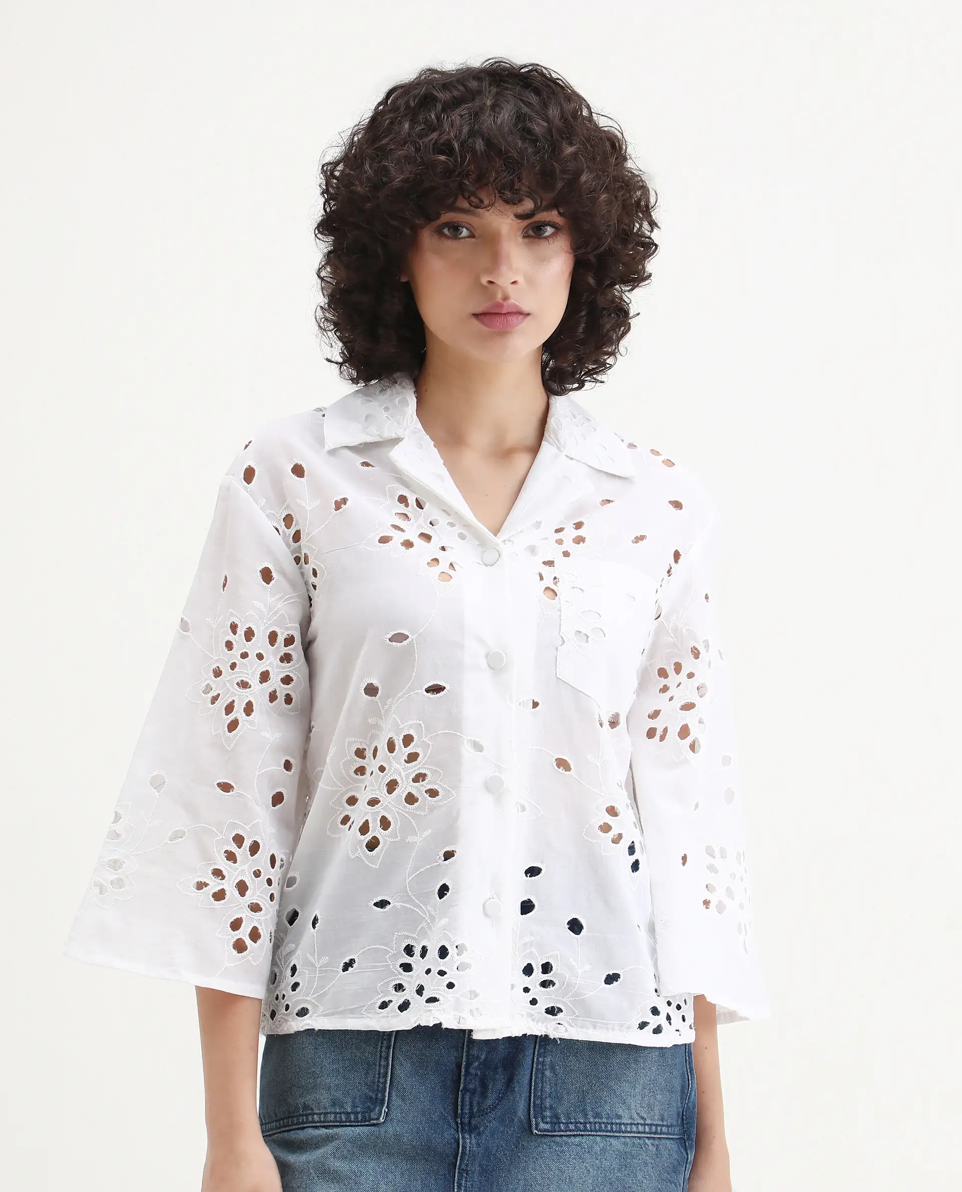 Rareism Women's Matcha White Schiffli Drop Collar Plain Regular Fit Top - Image 8