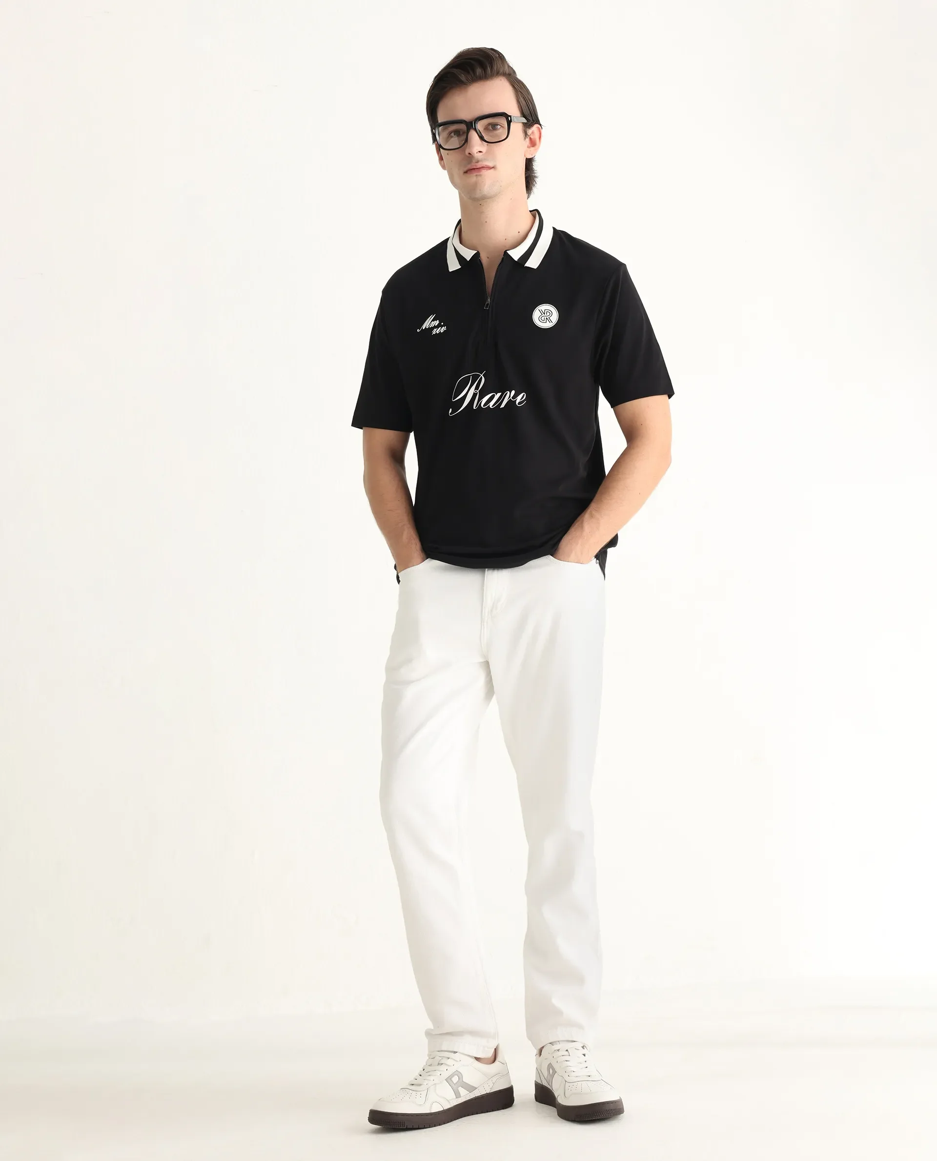 Rare Rabbit Men's Mateo Black Cotton Blend Embroidered Relaxed Fit Half Sleeve Polo - Image 2