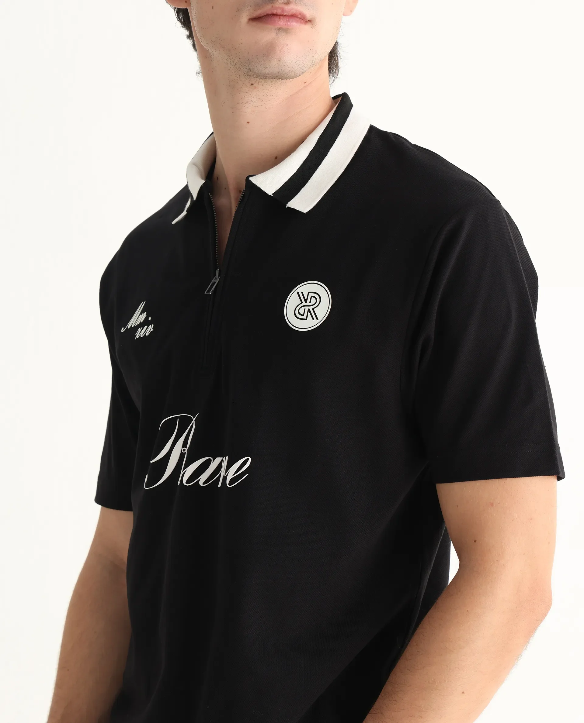 Rare Rabbit Men's Mateo Black Cotton Blend Embroidered Relaxed Fit Half Sleeve Polo - Image 3