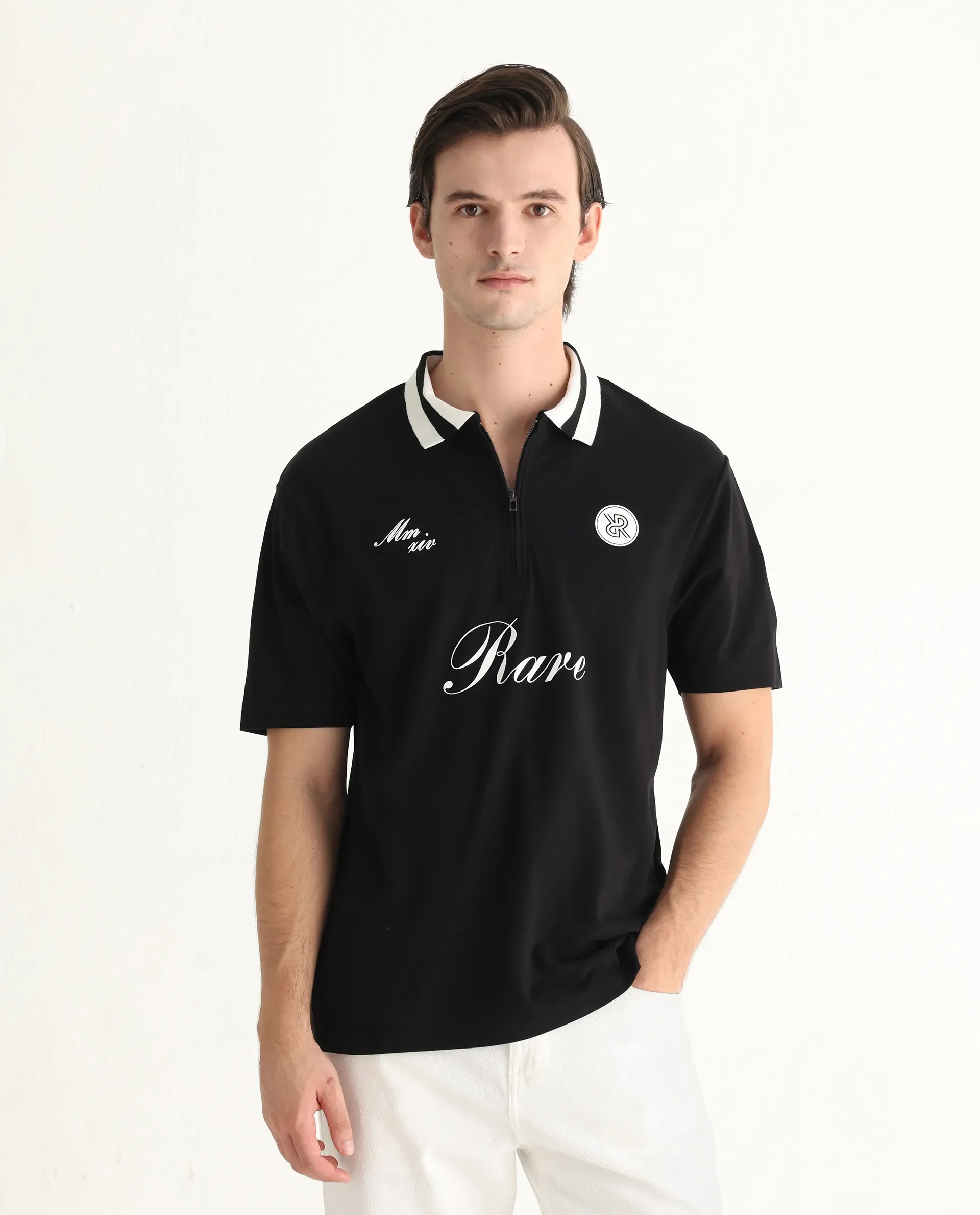 Rare Rabbit Men's Mateo Black Cotton Blend Embroidered Relaxed Fit Half Sleeve Polo - Image 4
