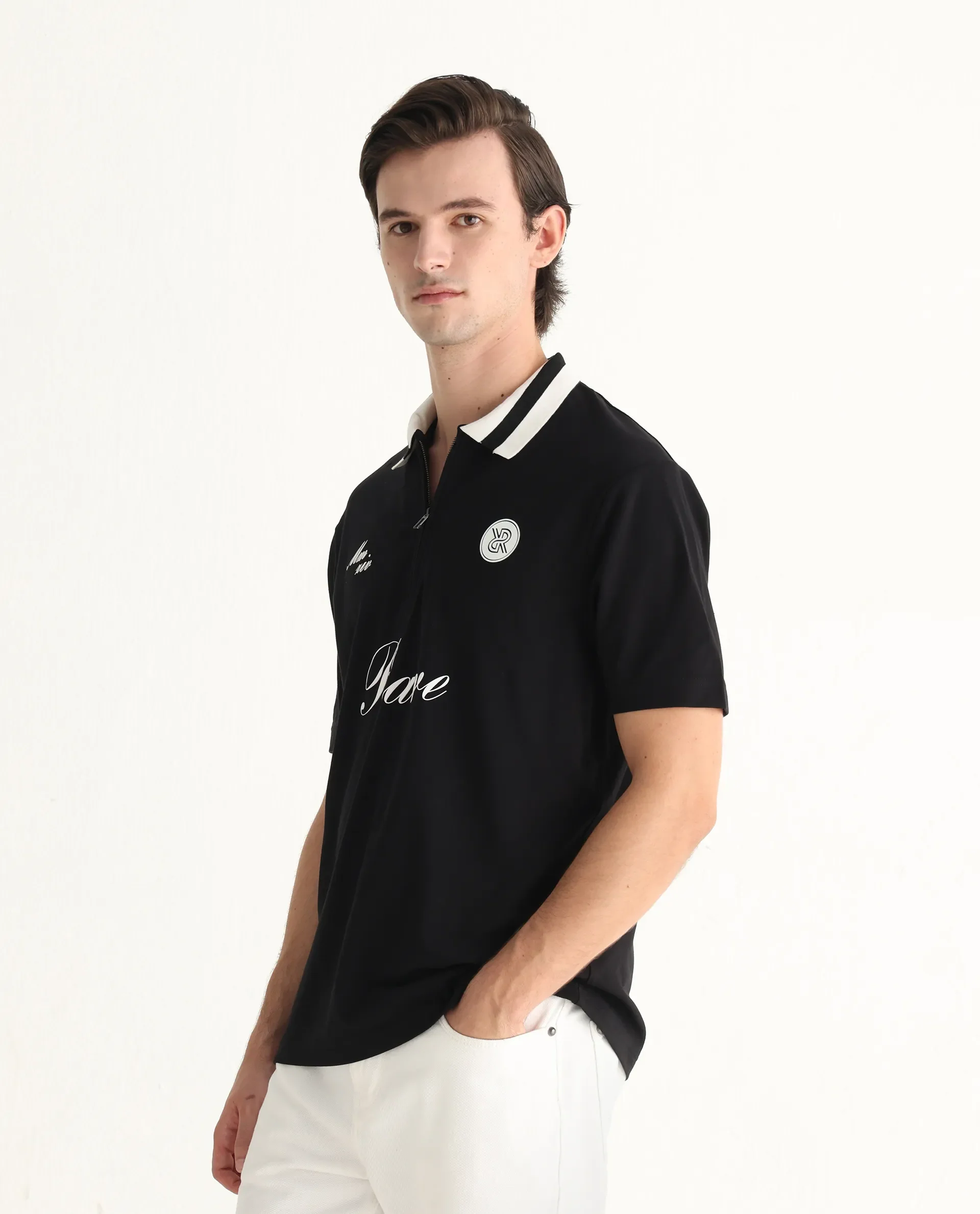 Rare Rabbit Men's Mateo Black Cotton Blend Embroidered Relaxed Fit Half Sleeve Polo - Image 5