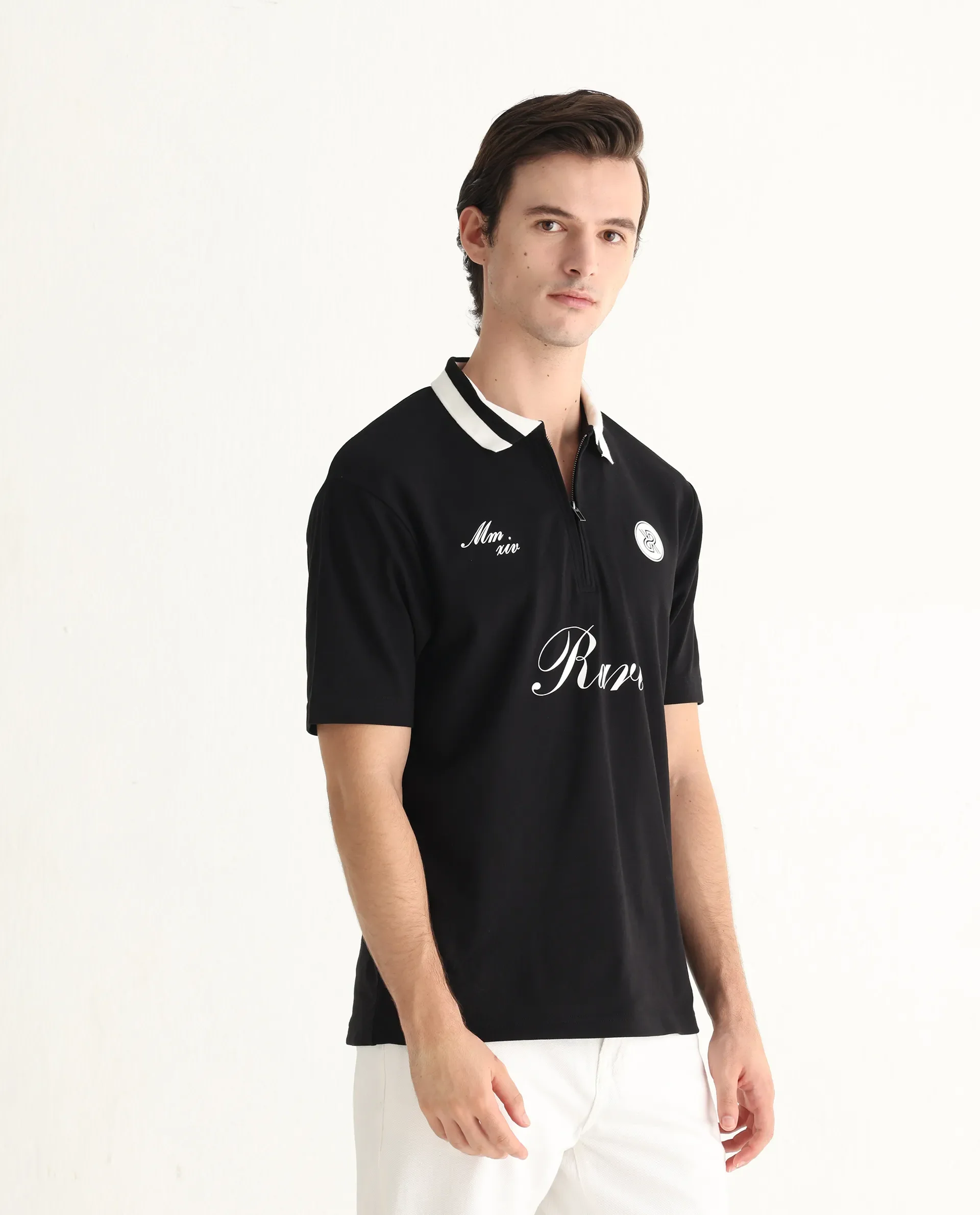 Rare Rabbit Men's Mateo Black Cotton Blend Embroidered Relaxed Fit Half Sleeve Polo - Image 6
