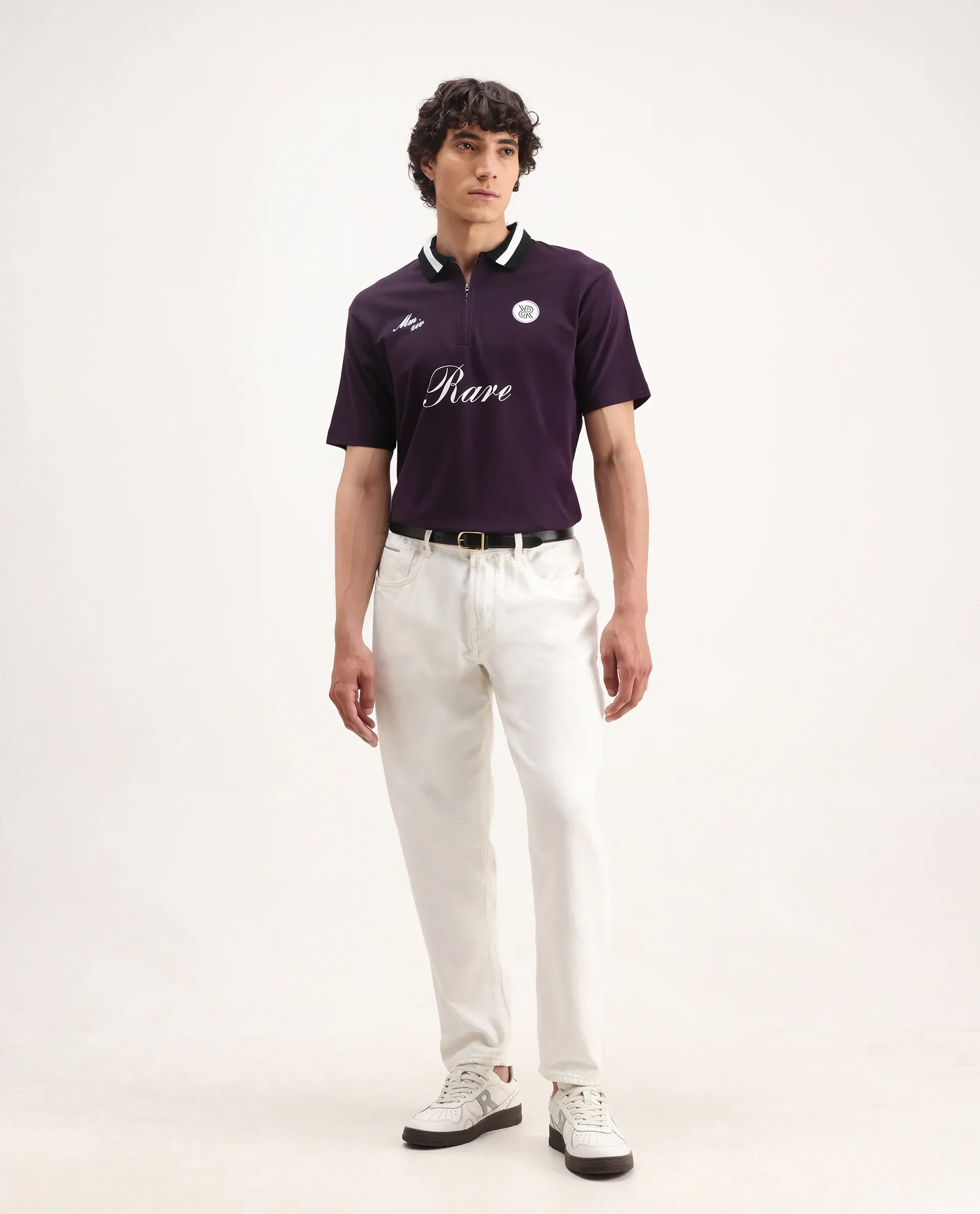 Rare Rabbit Men's Mateo Dark Purple Cotton Blend Embroidered Relaxed Fit Half Sleeve Polo - Image 2