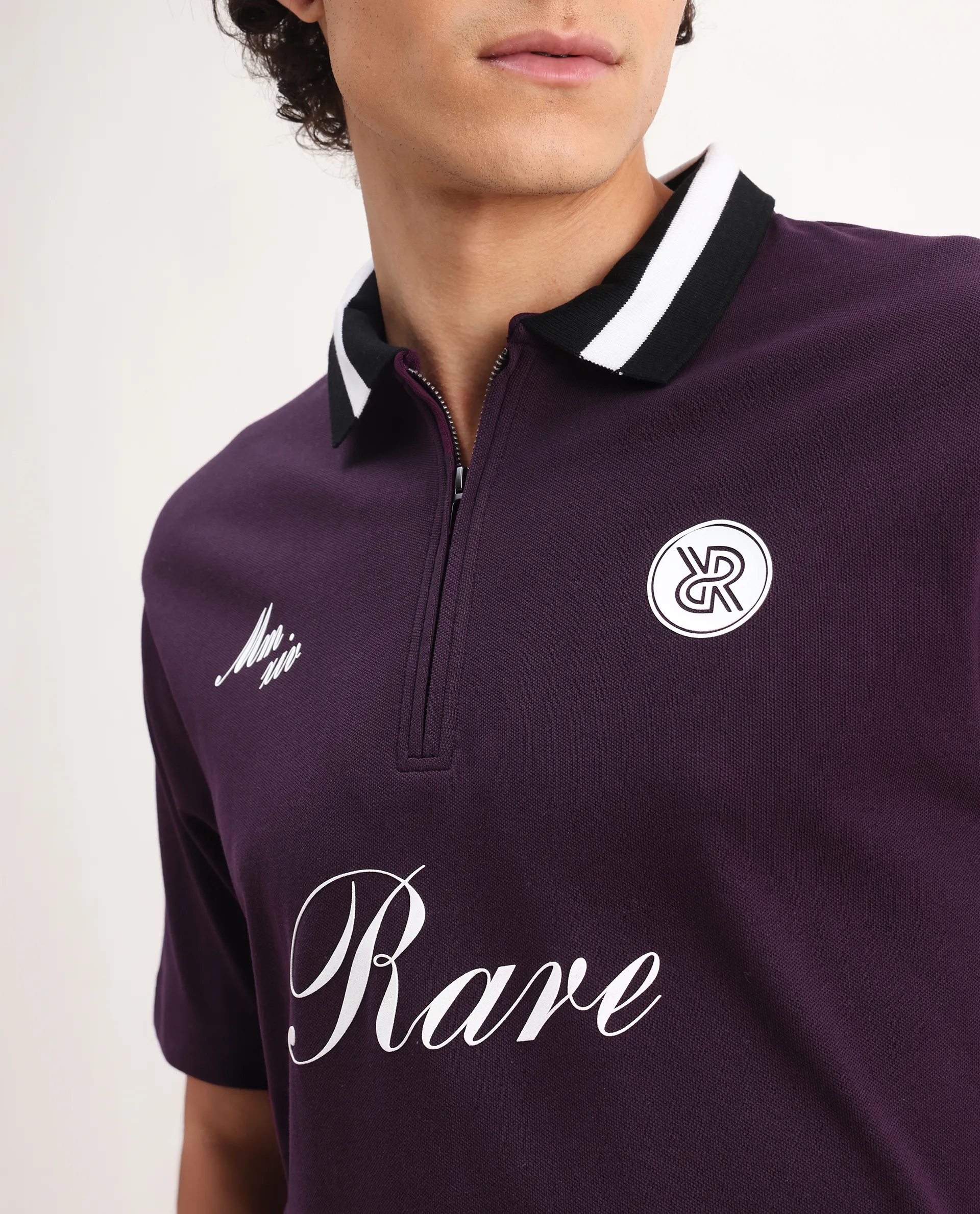 Rare Rabbit Men's Mateo Dark Purple Cotton Blend Embroidered Relaxed Fit Half Sleeve Polo - Image 3