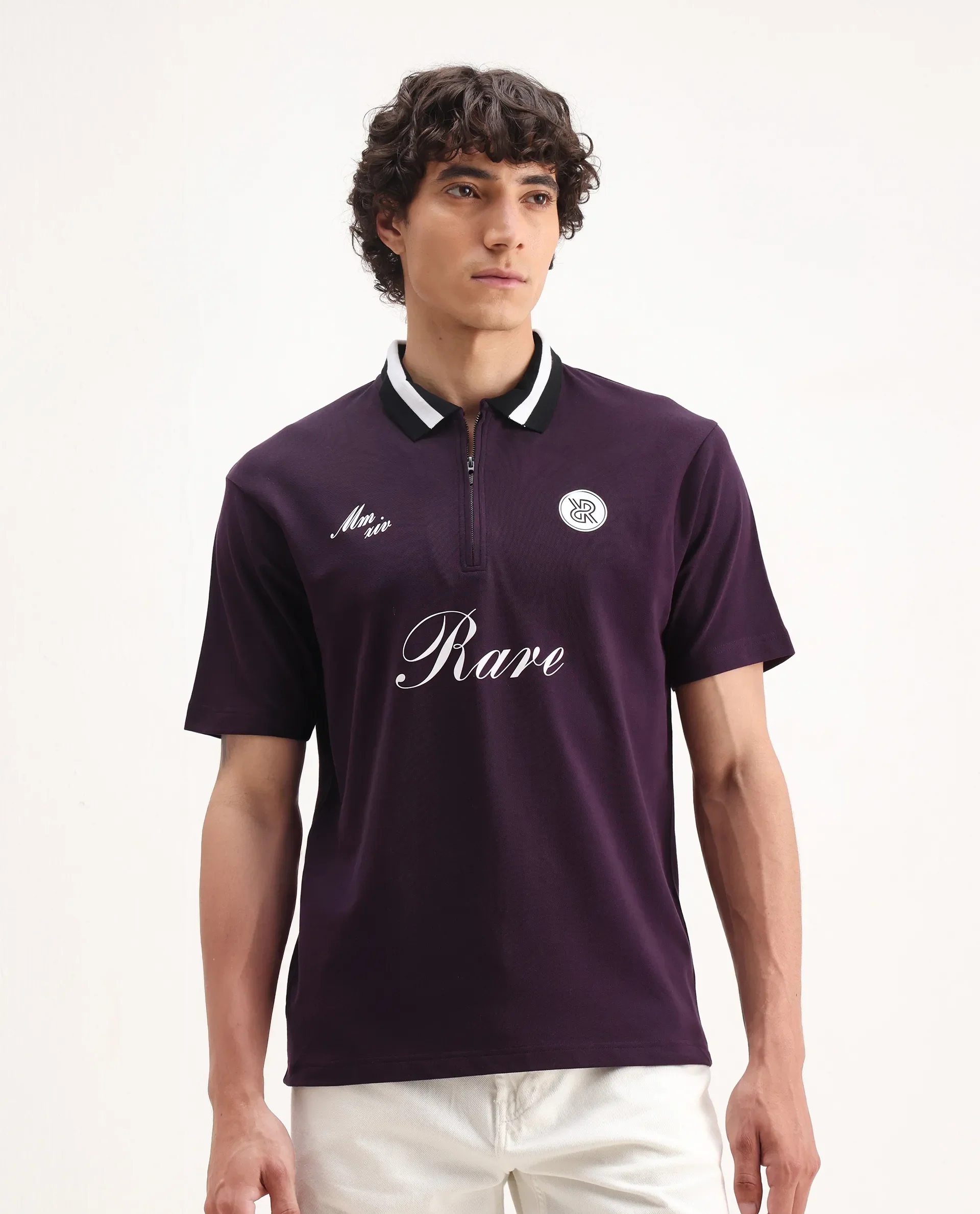 Rare Rabbit Men's Mateo Dark Purple Cotton Blend Embroidered Relaxed Fit Half Sleeve Polo - Image 4