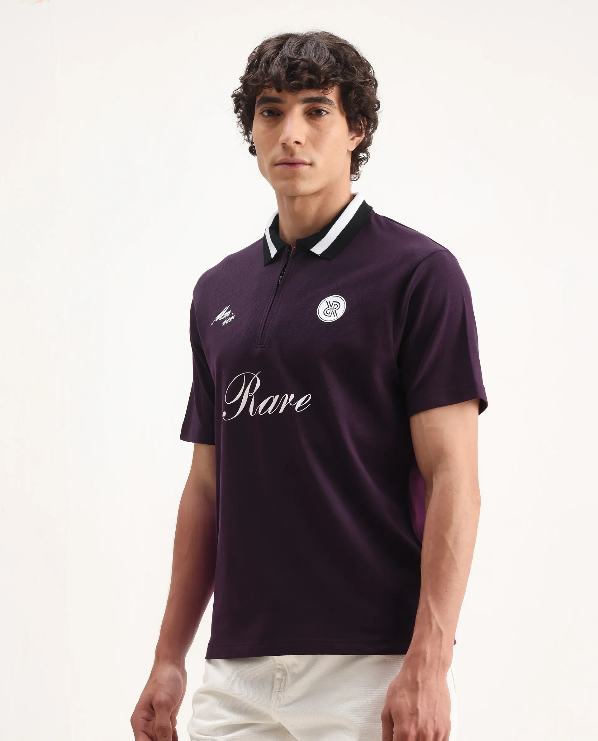 Rare Rabbit Men's Mateo Dark Purple Cotton Blend Embroidered Relaxed Fit Half Sleeve Polo - Image 5