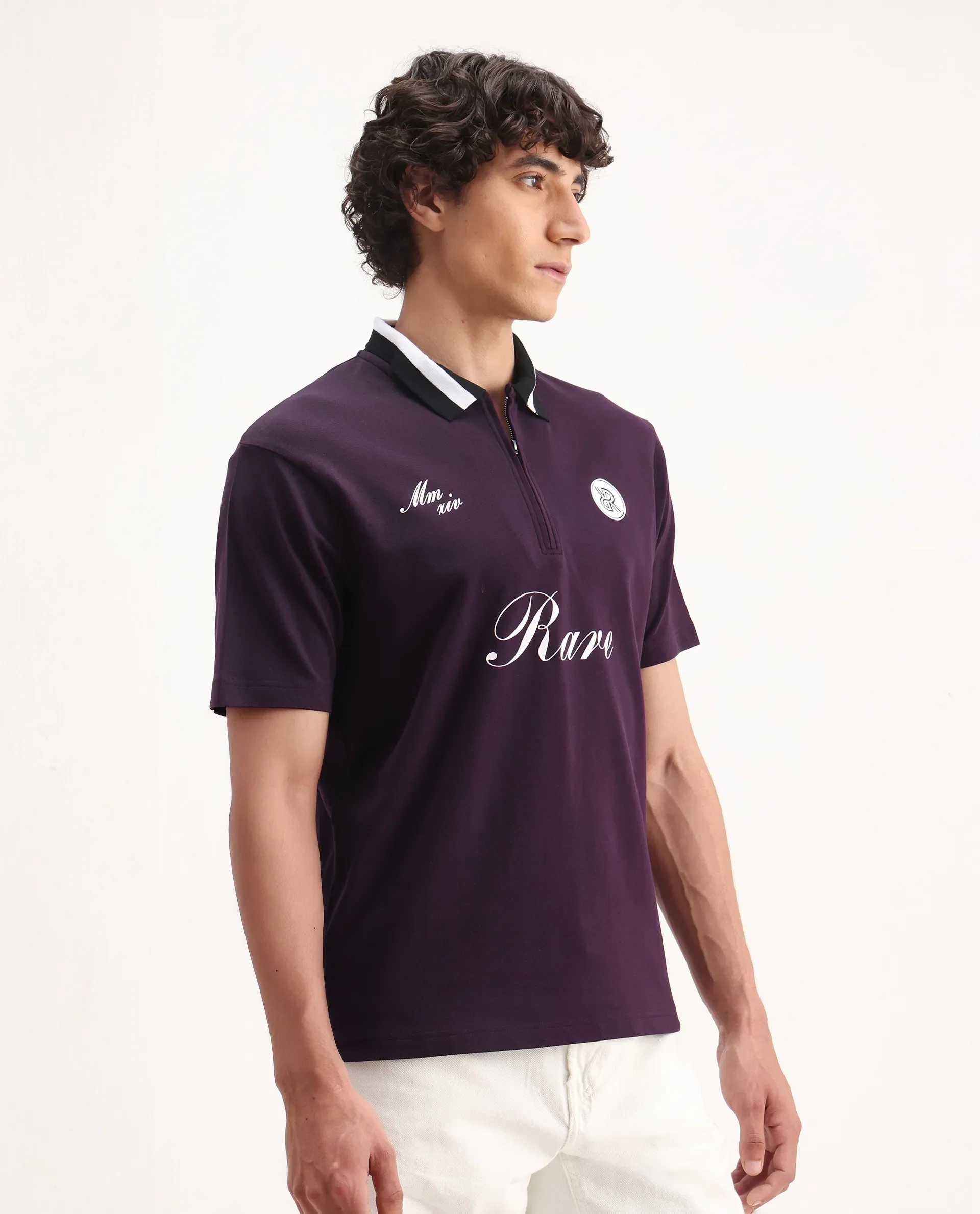 Rare Rabbit Men's Mateo Dark Purple Cotton Blend Embroidered Relaxed Fit Half Sleeve Polo - Image 6