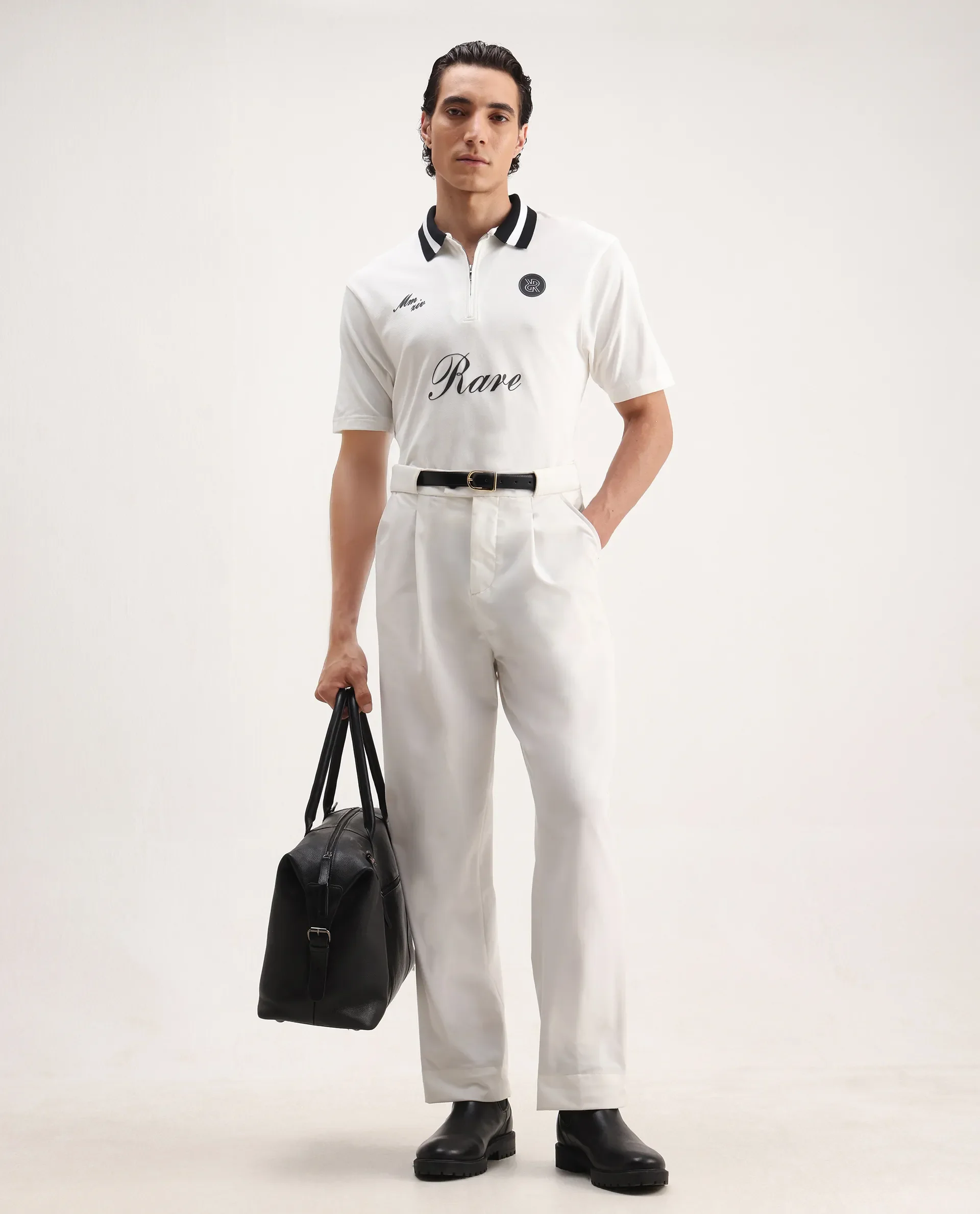 Rare Rabbit Men's Mateo White Cotton Blend Embroidered Regular Fit Half Sleeve Polo - Image 2
