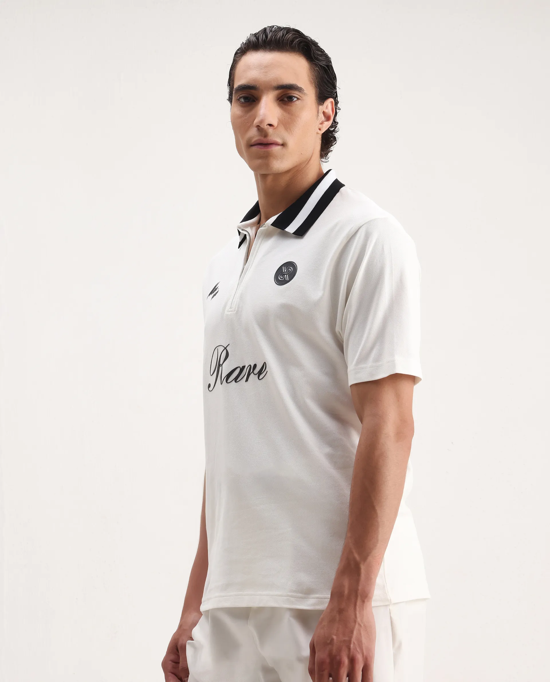 Rare Rabbit Men's Mateo White Cotton Blend Embroidered Regular Fit Half Sleeve Polo - Image 3