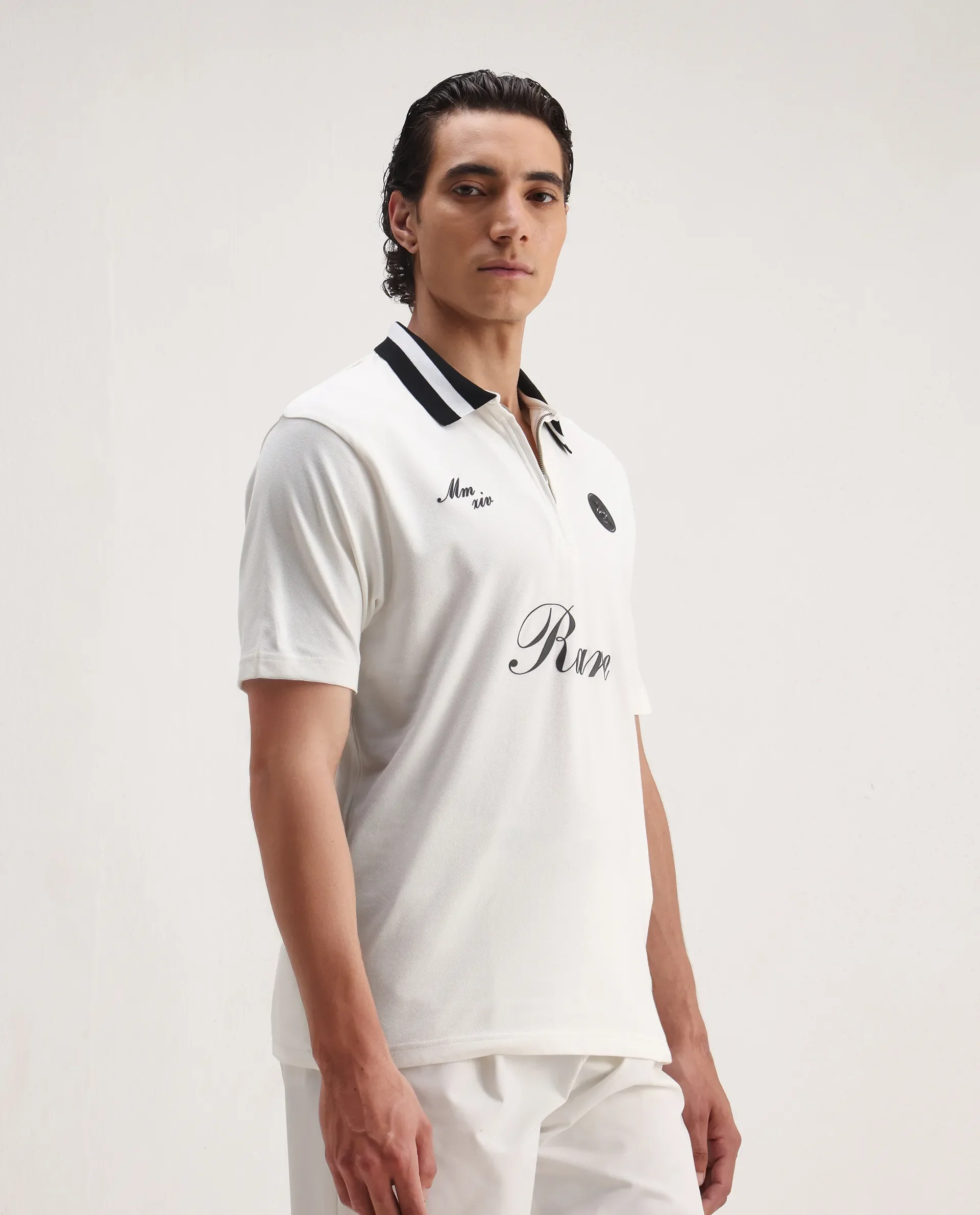 Rare Rabbit Men's Mateo White Cotton Blend Embroidered Regular Fit Half Sleeve Polo - Image 4