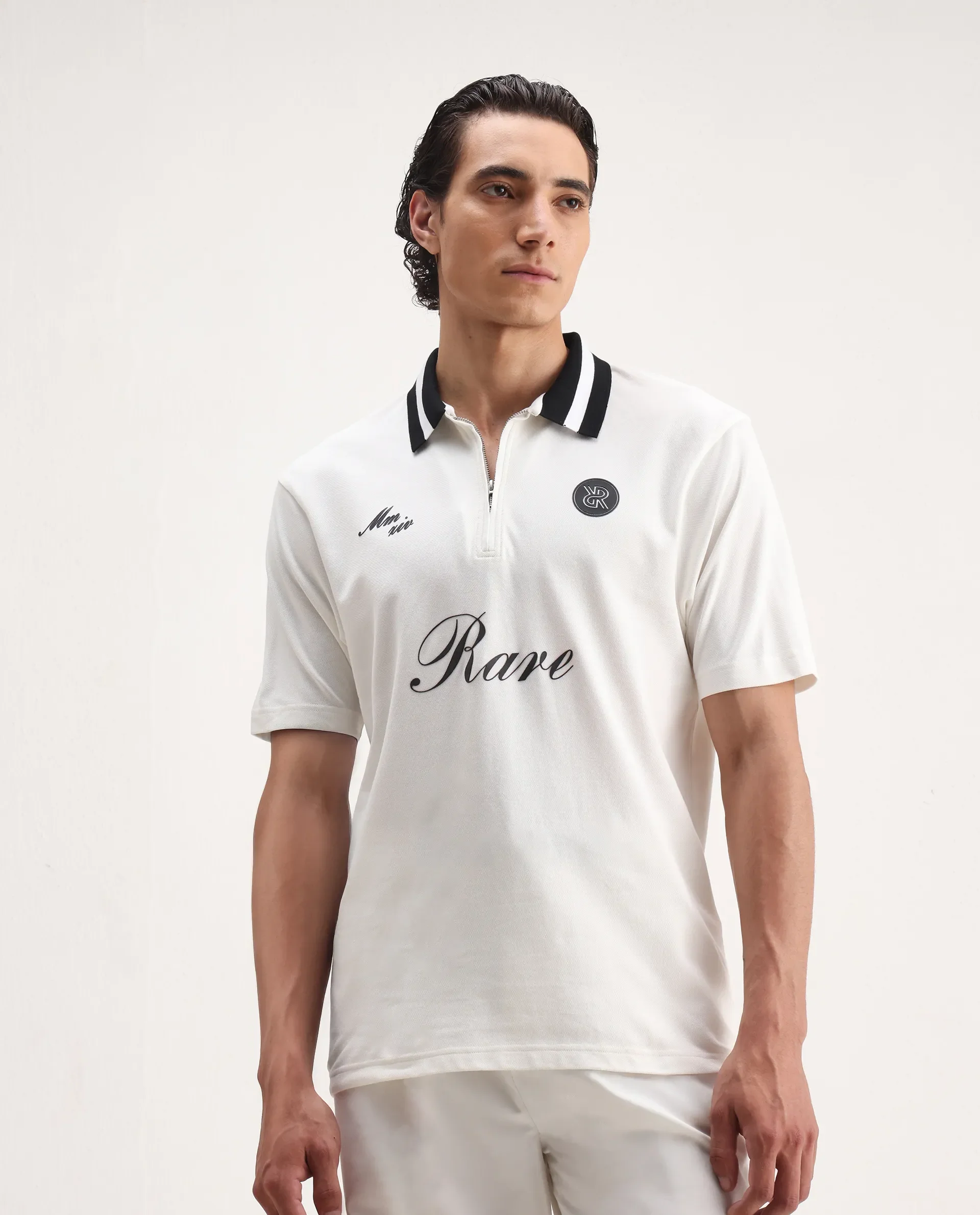 Rare Rabbit Men's Mateo White Cotton Blend Embroidered Regular Fit Half Sleeve Polo - Image 5