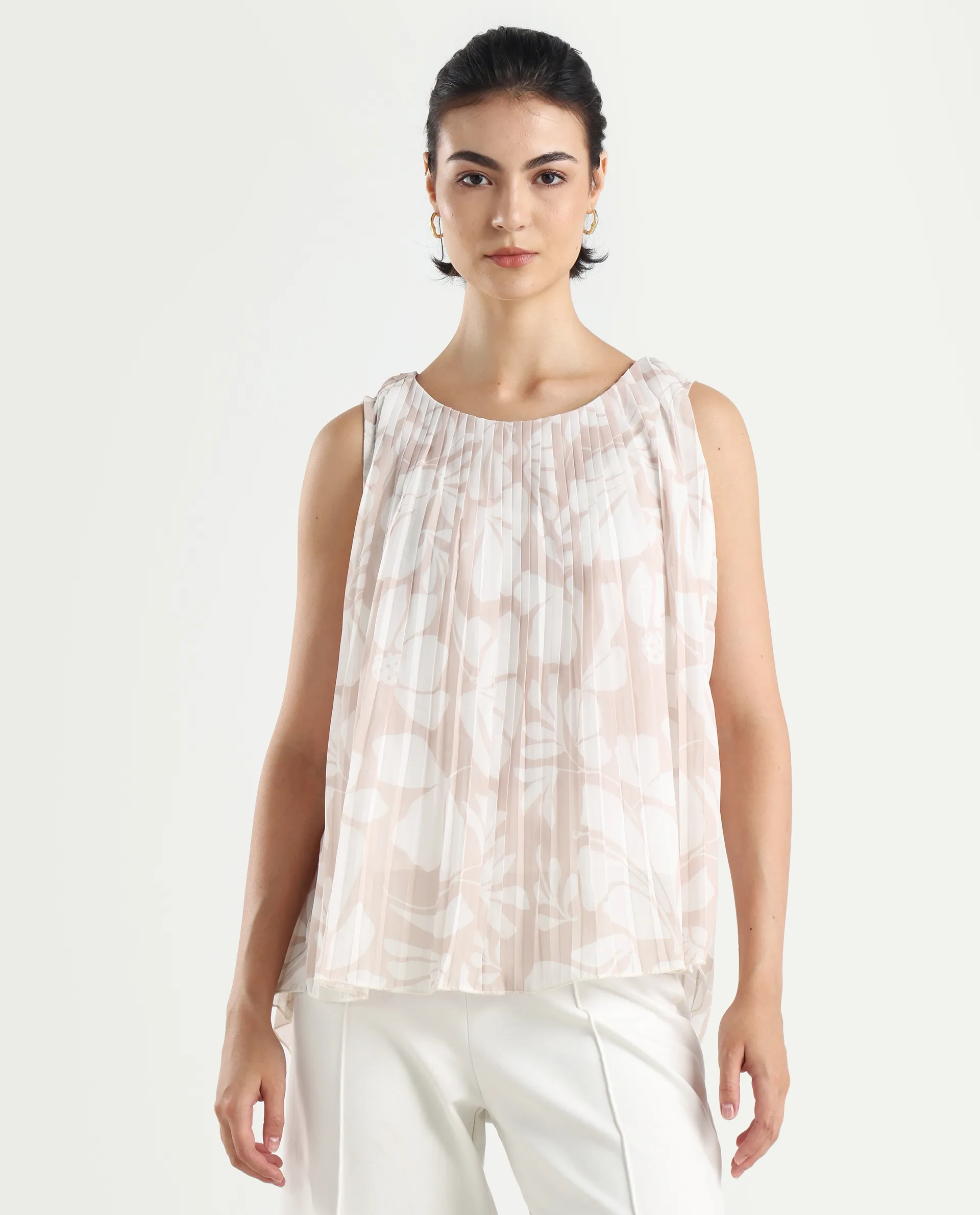 Rareism Women's Matera Sc Light Beige Polyester Crew Neck Abstract Print Sleeveless Relaxed Fit Top - Image 3