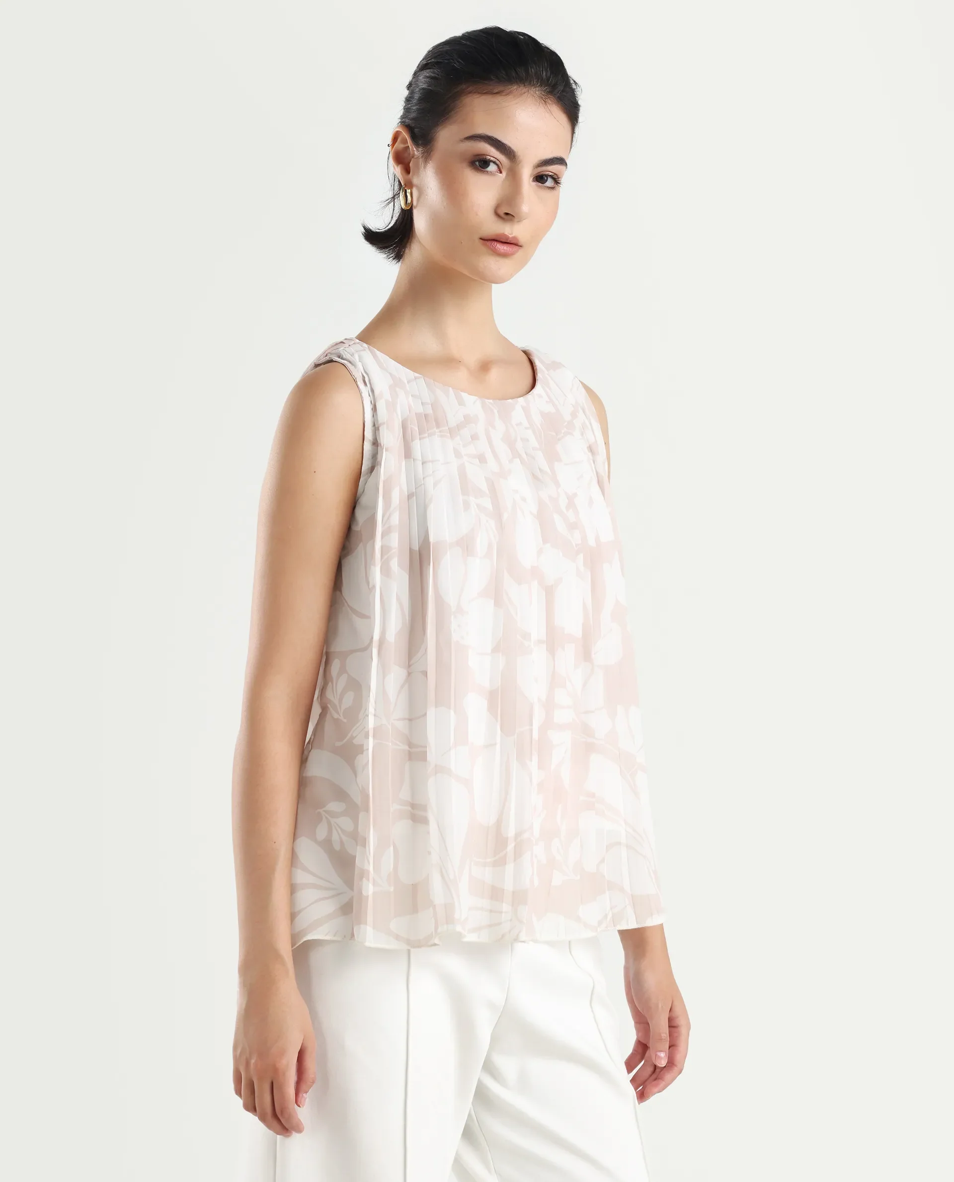 Rareism Women's Matera Sc Light Beige Polyester Crew Neck Abstract Print Sleeveless Relaxed Fit Top - Image 5