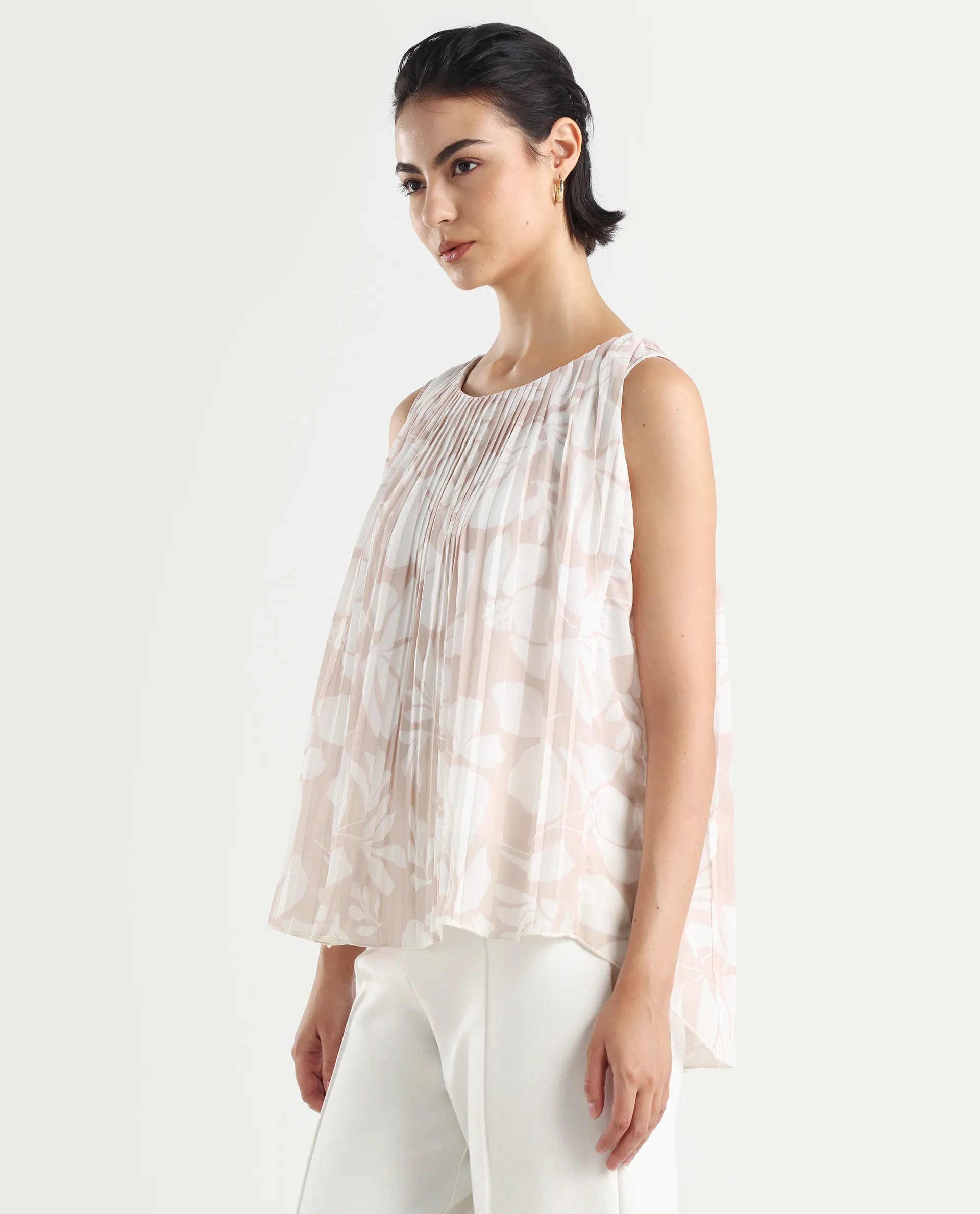 Rareism Women's Matera Sc Light Beige Polyester Crew Neck Abstract Print Sleeveless Relaxed Fit Top - Image 6