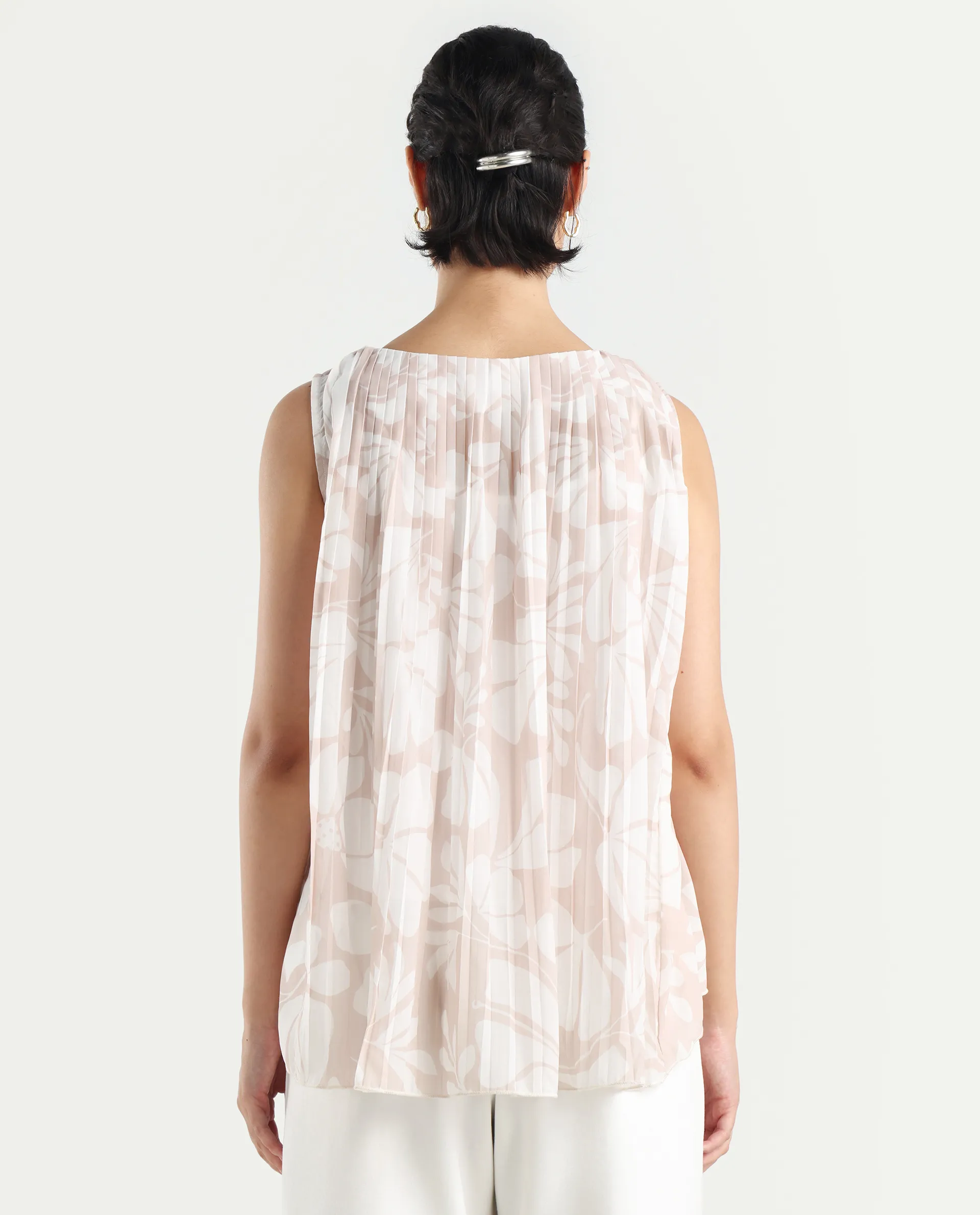 Rareism Women's Matera Sc Light Beige Polyester Crew Neck Abstract Print Sleeveless Relaxed Fit Top - Image 7