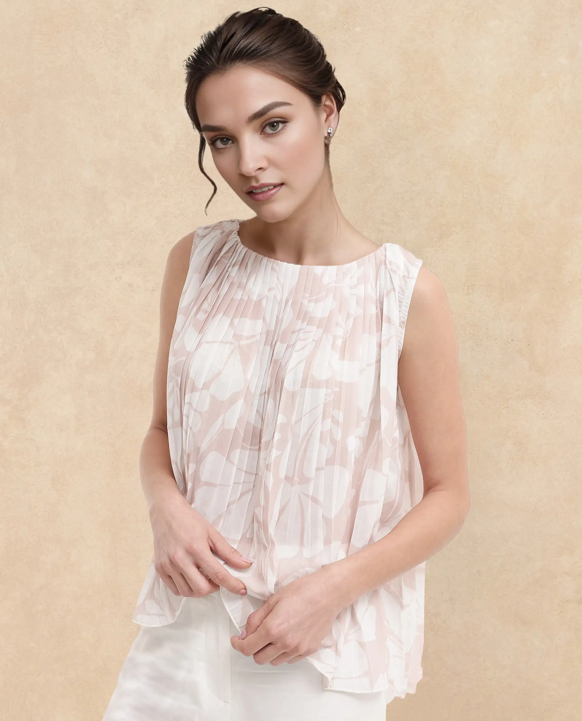Rareism Women's Matera Light Beige Polyester Crew Neck Abstract Print Sleeveless Relaxed Fit Top - Image 4