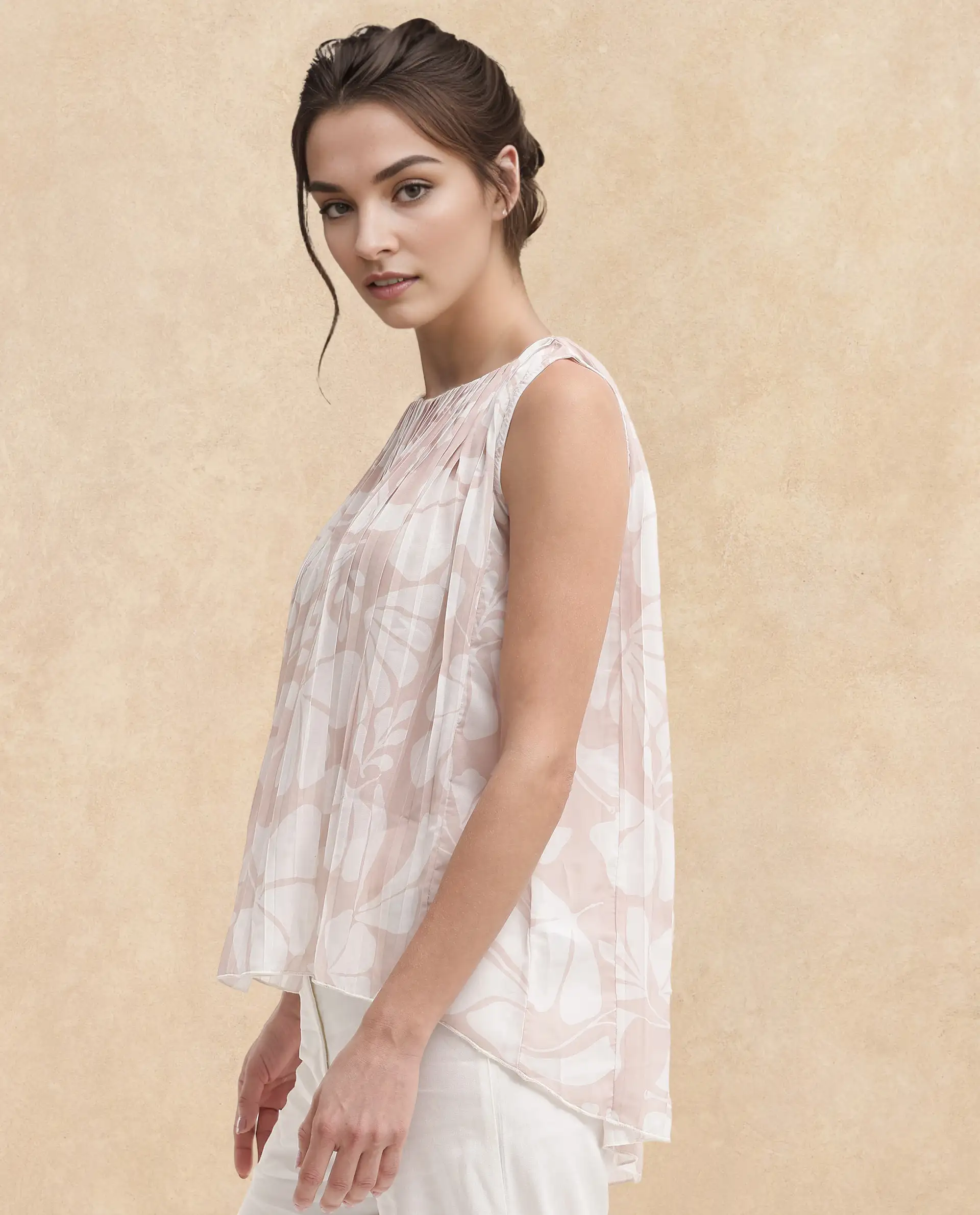 Rareism Women's Matera Light Beige Polyester Crew Neck Abstract Print Sleeveless Relaxed Fit Top - Image 7