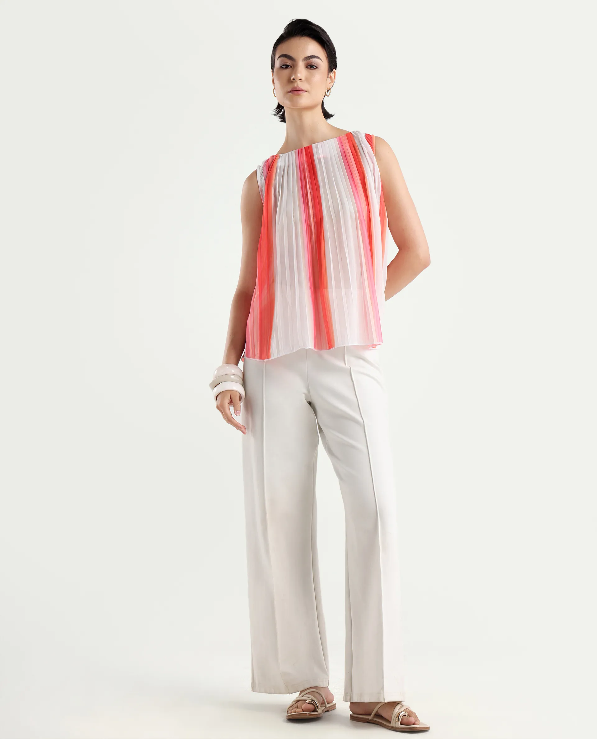 Rareism Women's Materio Multi Polyester Boat Neck Striped Sleeveless Relaxed Fit Top - Image 2