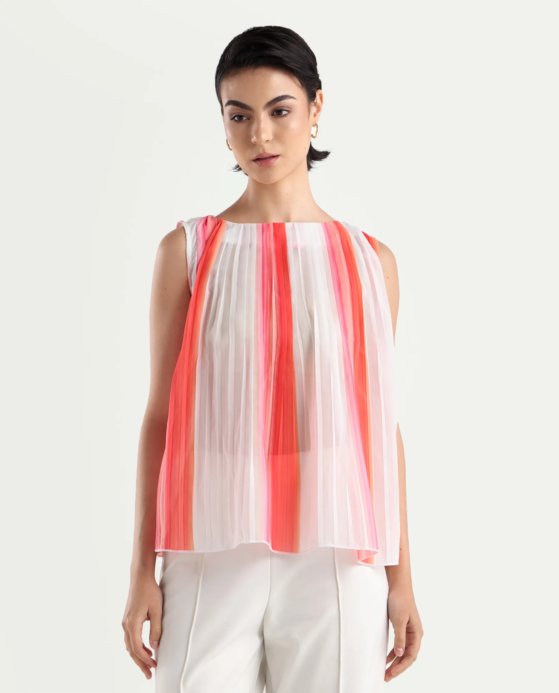 Rareism Women's Materio Multi Polyester Boat Neck Striped Sleeveless Relaxed Fit Top - Image 4