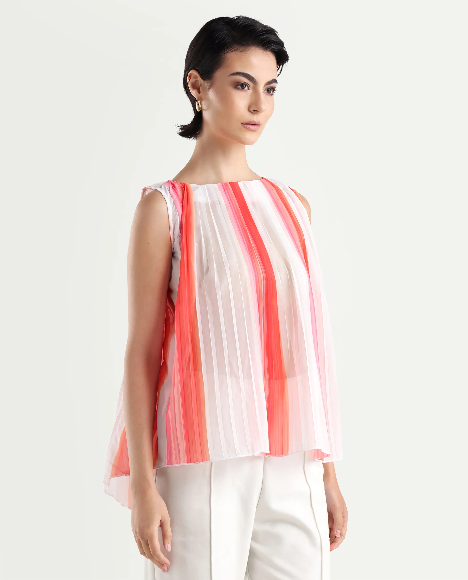 Rareism Women's Materio Multi Polyester Boat Neck Striped Sleeveless Relaxed Fit Top - Image 5