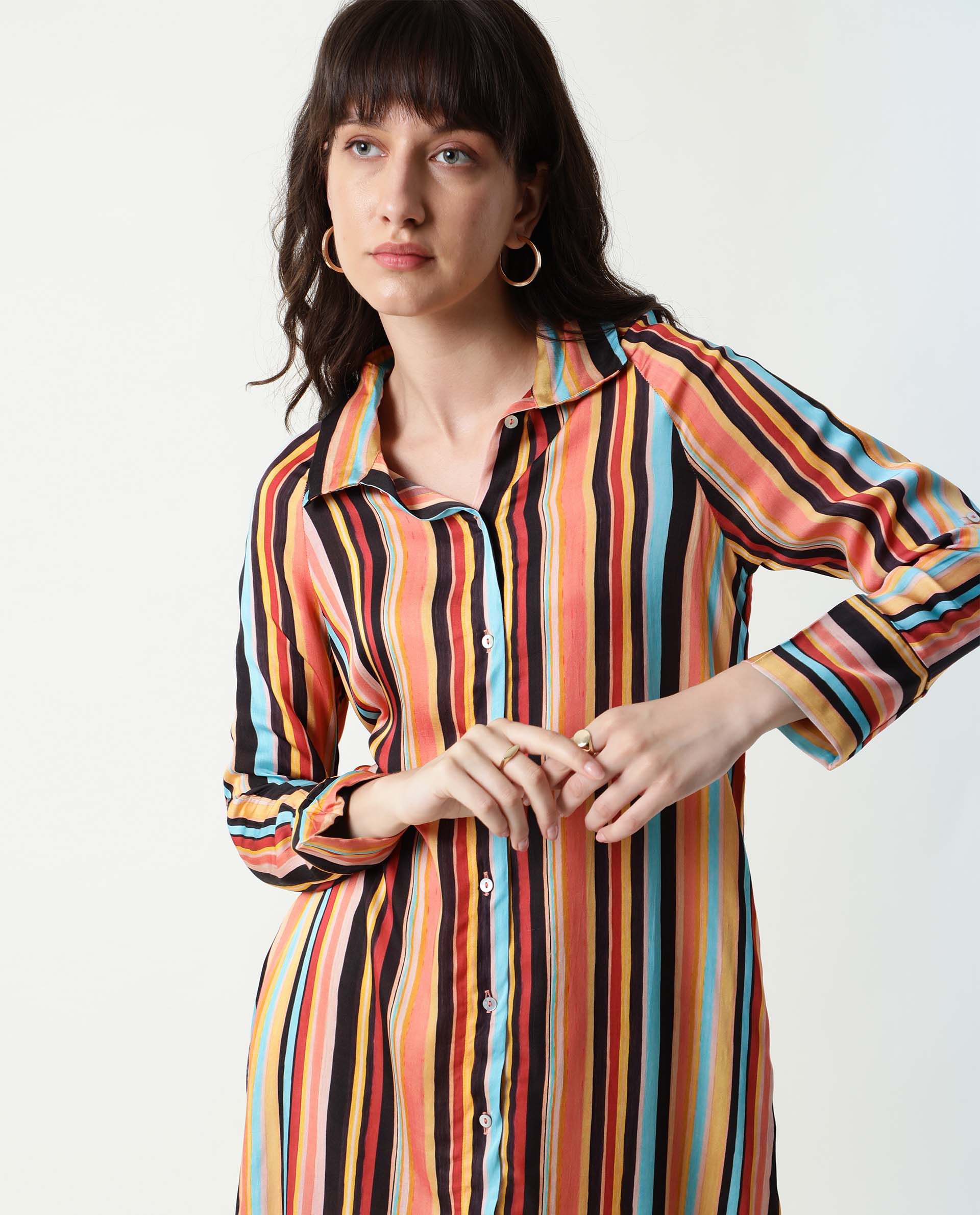 Rareism Women's Mathers Brown Spread Collar Striped Knee Length Regular Fit Dress - Image 2