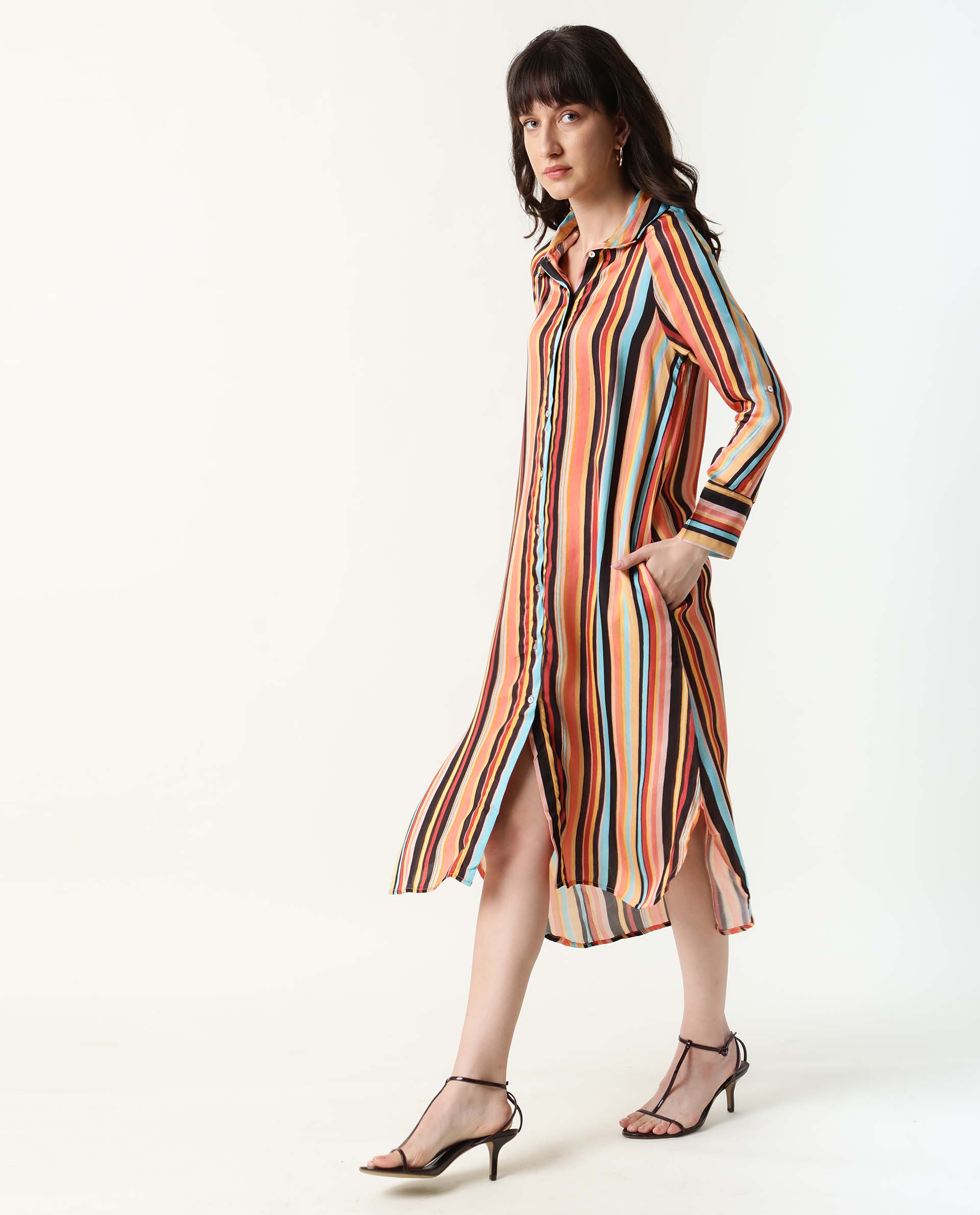 Rareism Women's Mathers Brown Spread Collar Striped Knee Length Regular Fit Dress - Image 3