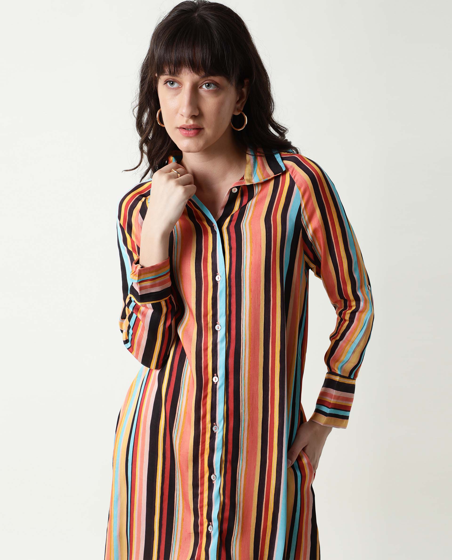 Rareism Women's Mathers Brown Spread Collar Striped Knee Length Regular Fit Dress - Image 4