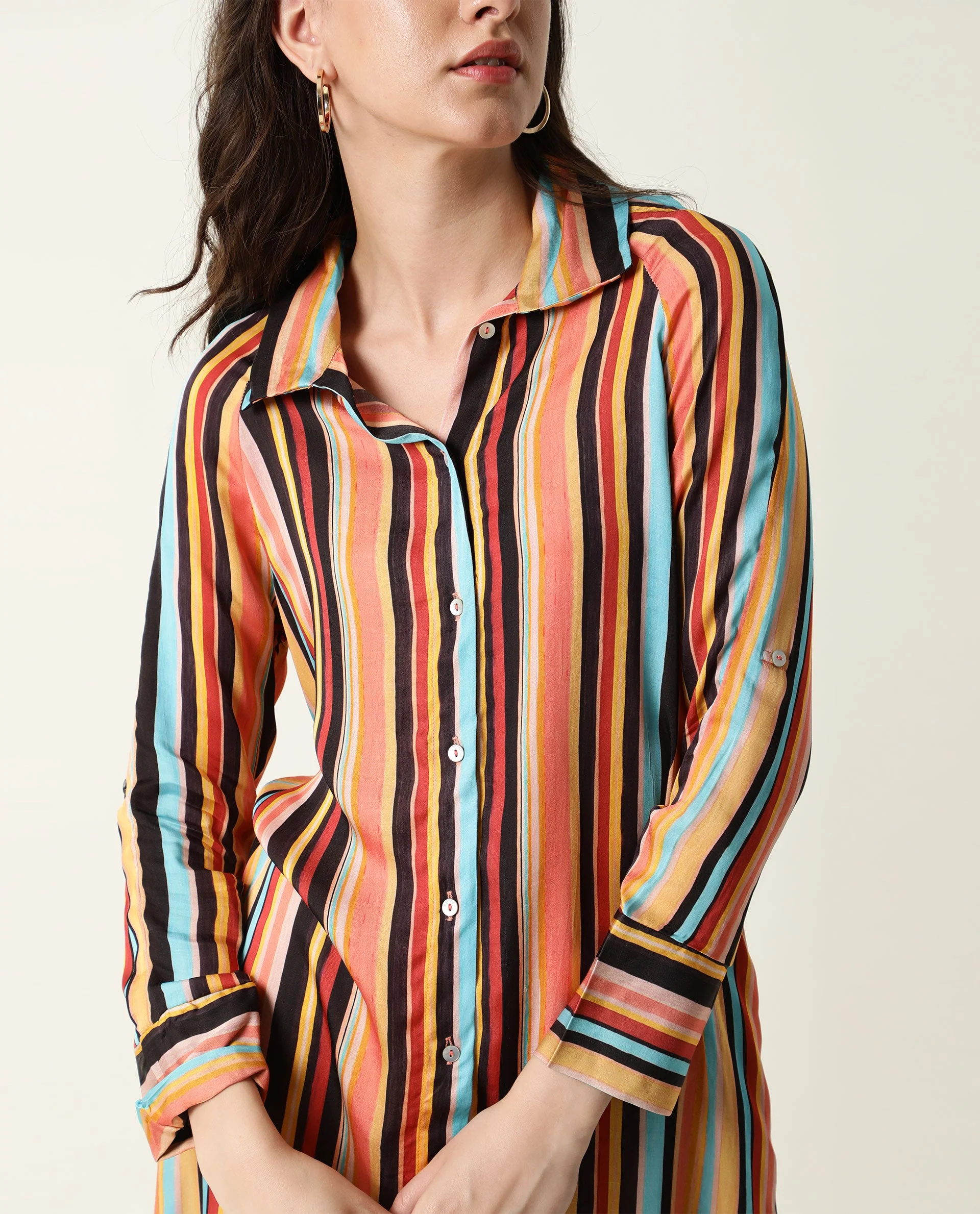 Rareism Women's Mathers Brown Spread Collar Striped Knee Length Regular Fit Dress - Image 5