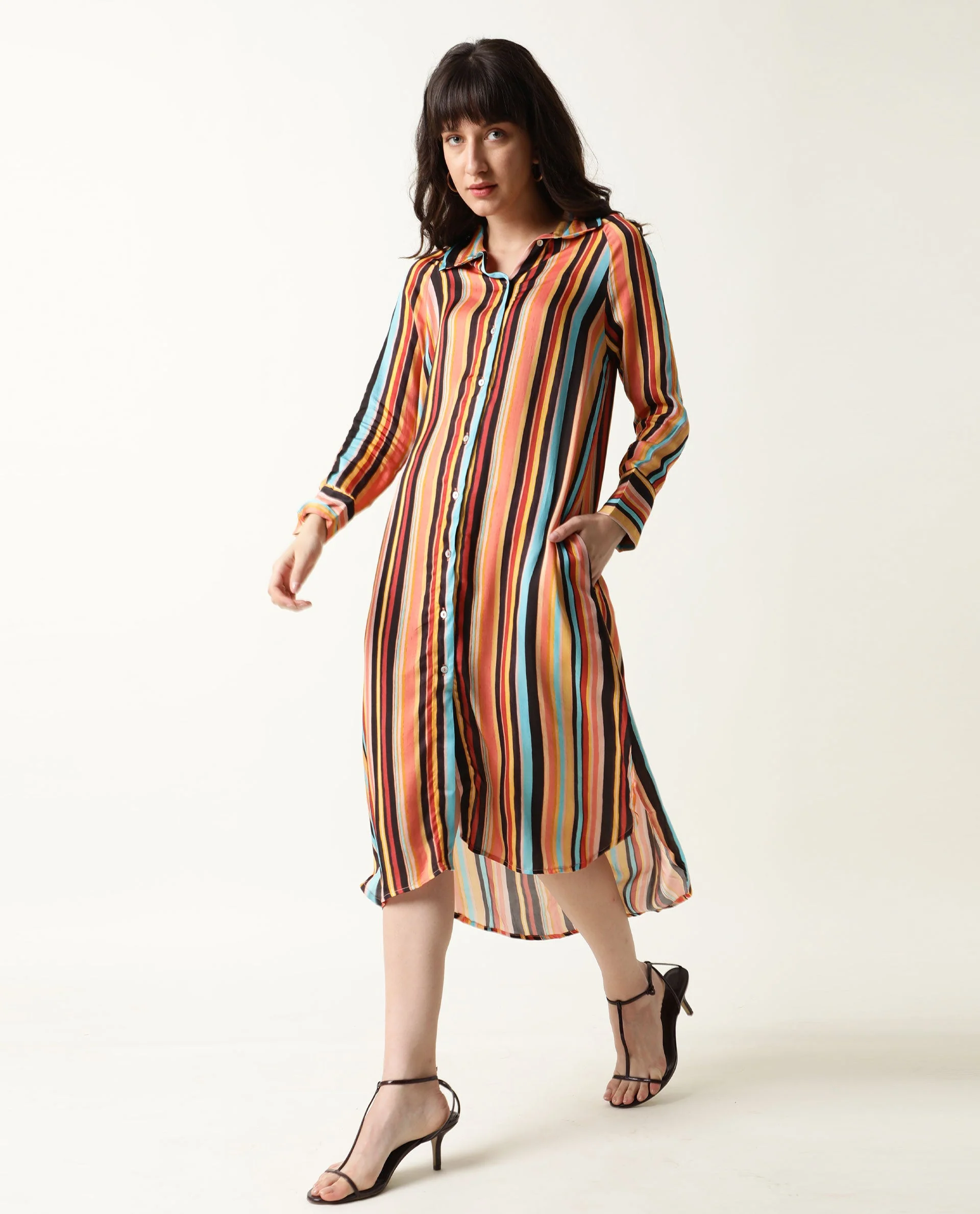 Rareism Women's Mathers Brown Spread Collar Striped Knee Length Regular Fit Dress - Image 6
