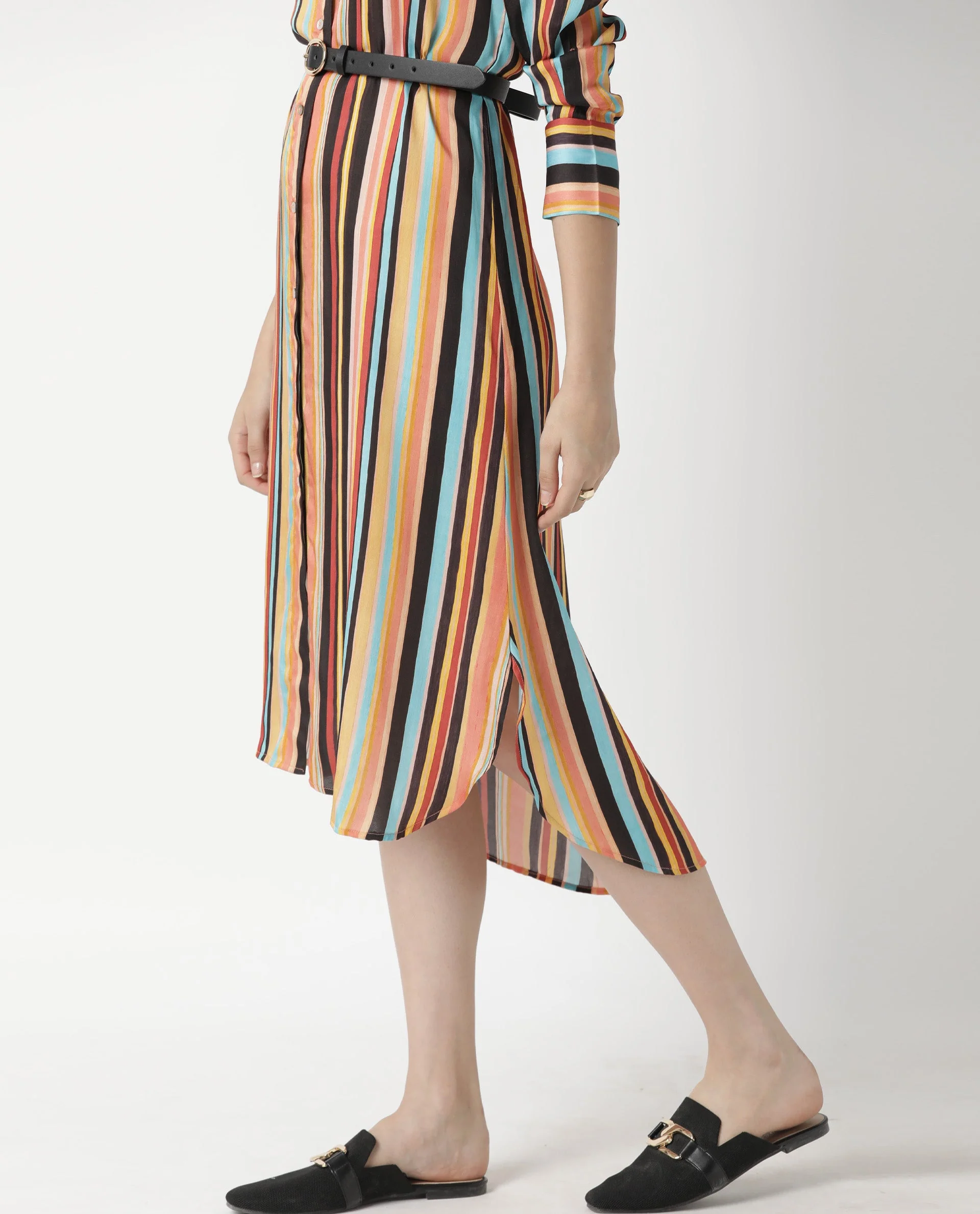 Rareism Women's Mathers Brown Spread Collar Striped Knee Length Regular Fit Dress - Image 7