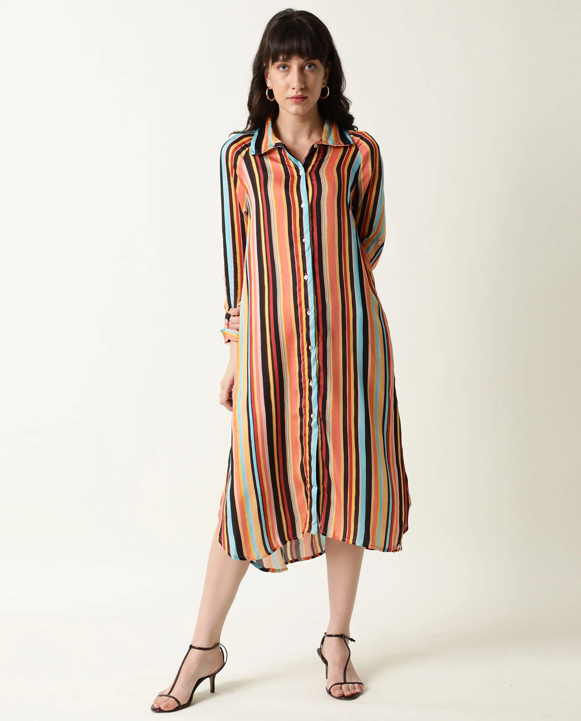 Rareism Women's Mathers Brown Spread Collar Striped Knee Length Regular Fit Dress - Image 8