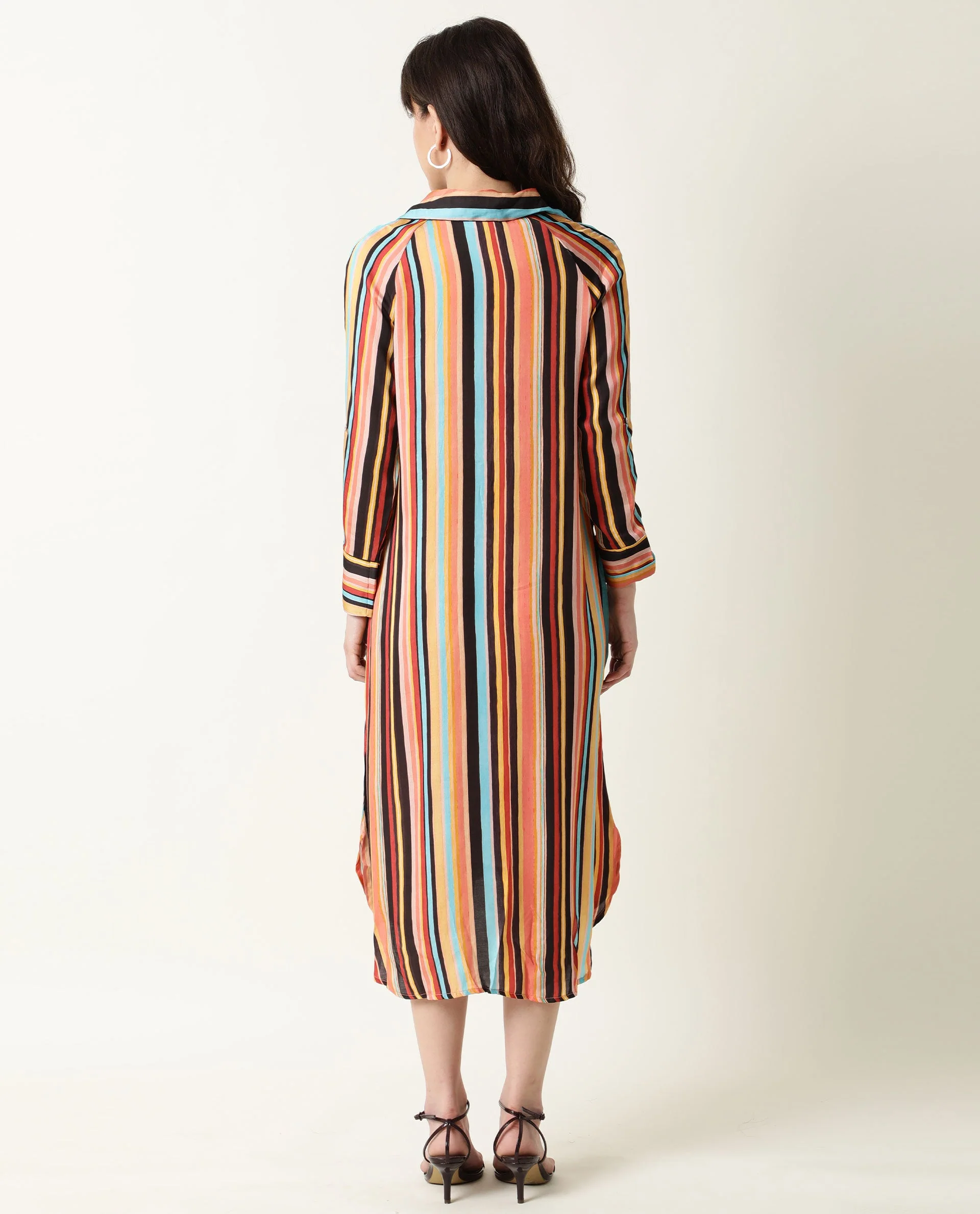 Rareism Women's Mathers Brown Spread Collar Striped Knee Length Regular Fit Dress - Image 9