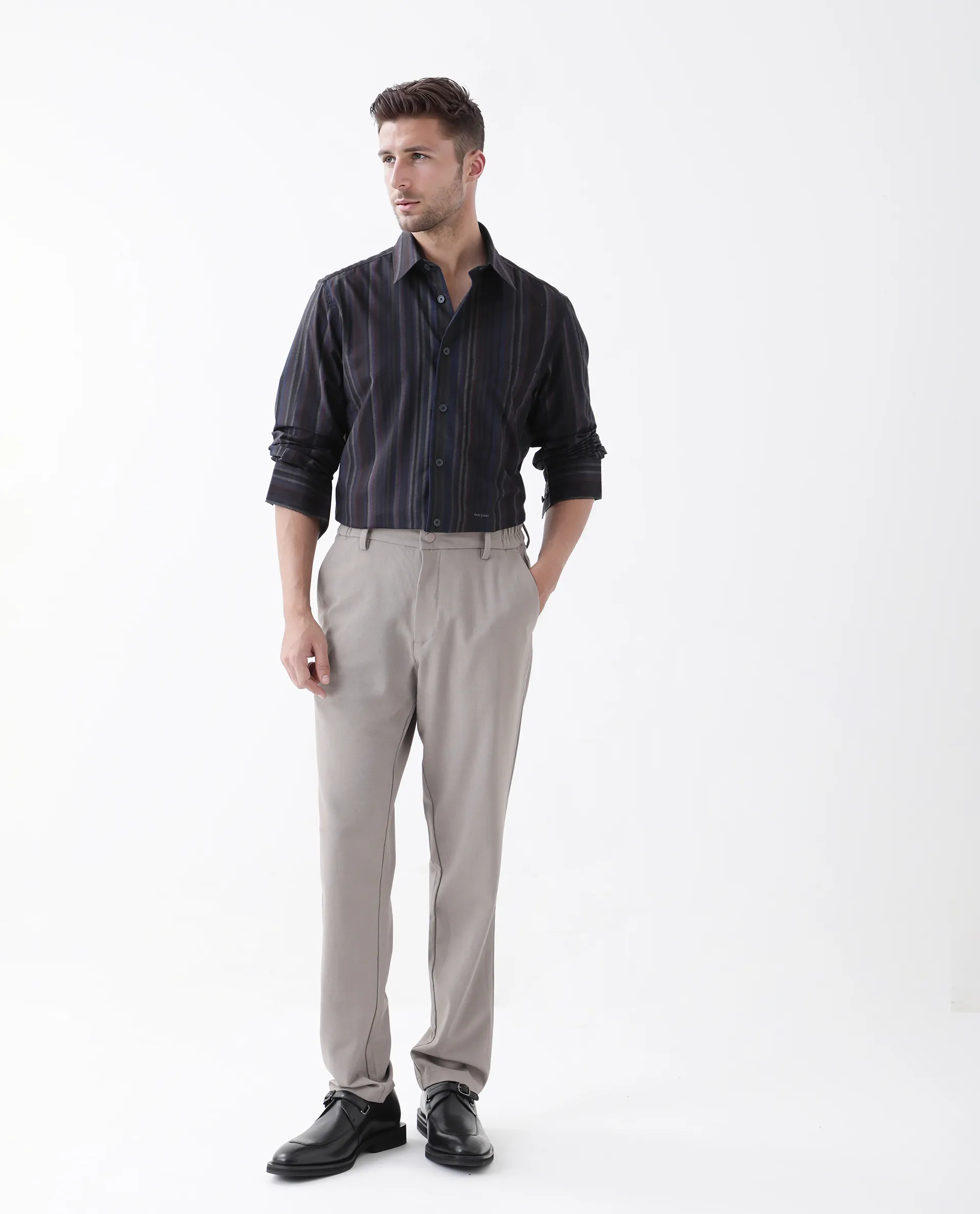 Rare Rabbit Men's Matis Black Polyester Blend Striped Print Relaxed Fit Full Sleeve Collared Shirt - Image 2