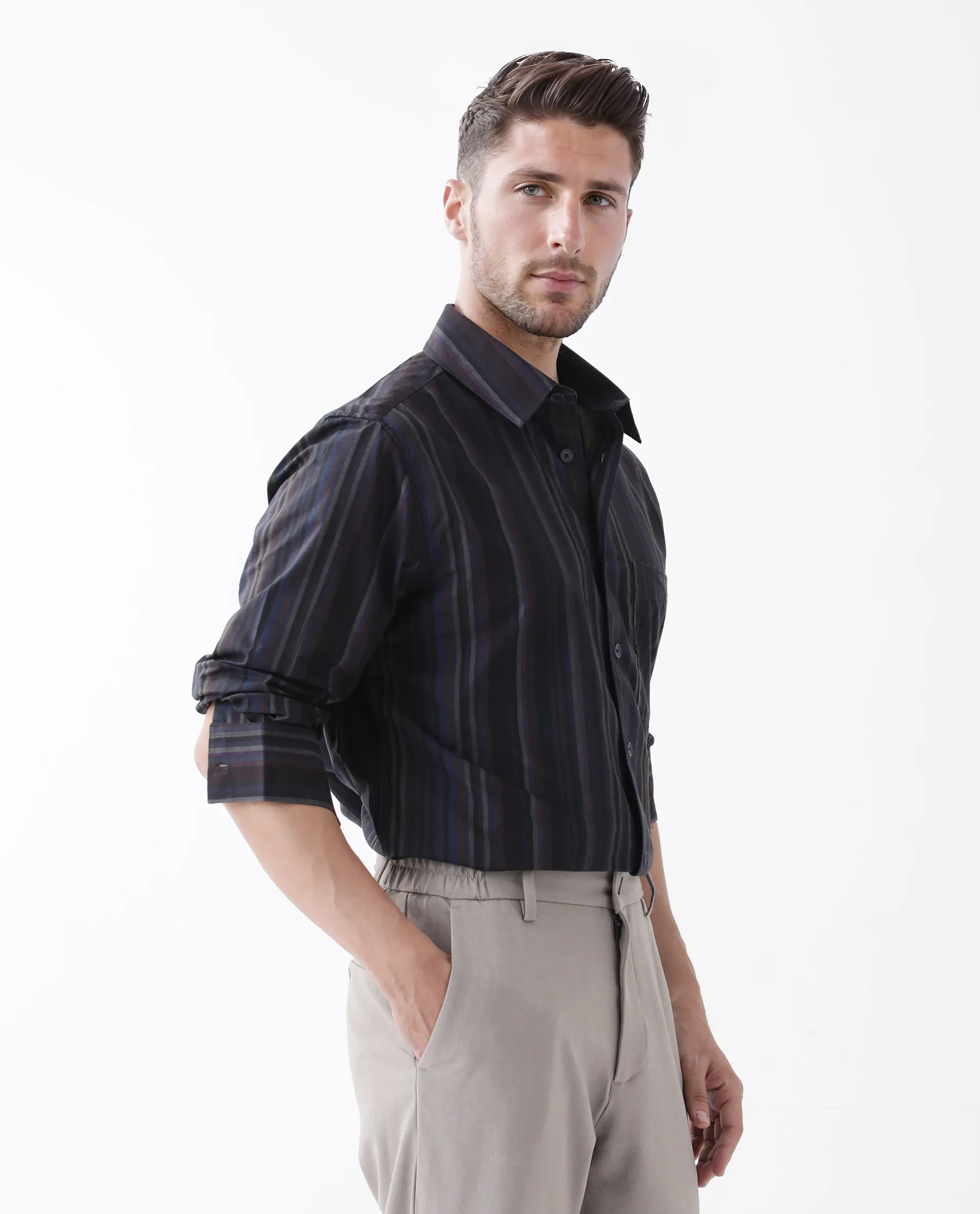 Rare Rabbit Men's Matis Black Polyester Blend Striped Print Relaxed Fit Full Sleeve Collared Shirt - Image 4