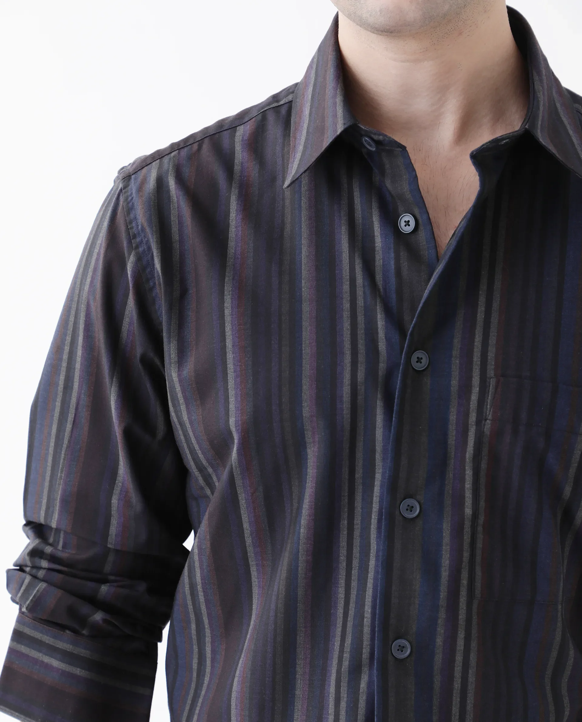Rare Rabbit Men's Matis Black Polyester Blend Striped Print Relaxed Fit Full Sleeve Collared Shirt - Image 6