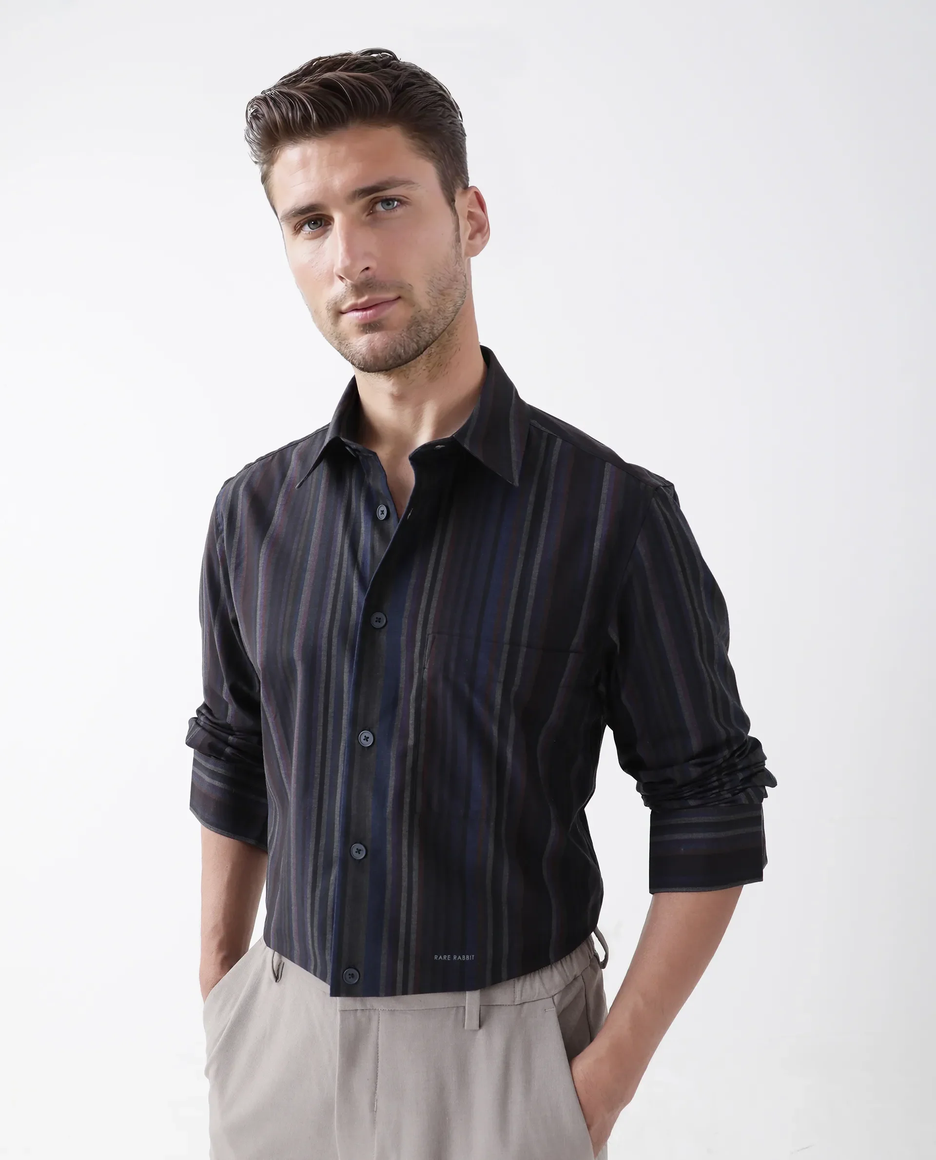 Rare Rabbit Men's Matis Black Polyester Blend Striped Print Relaxed Fit Full Sleeve Collared Shirt - Image 7