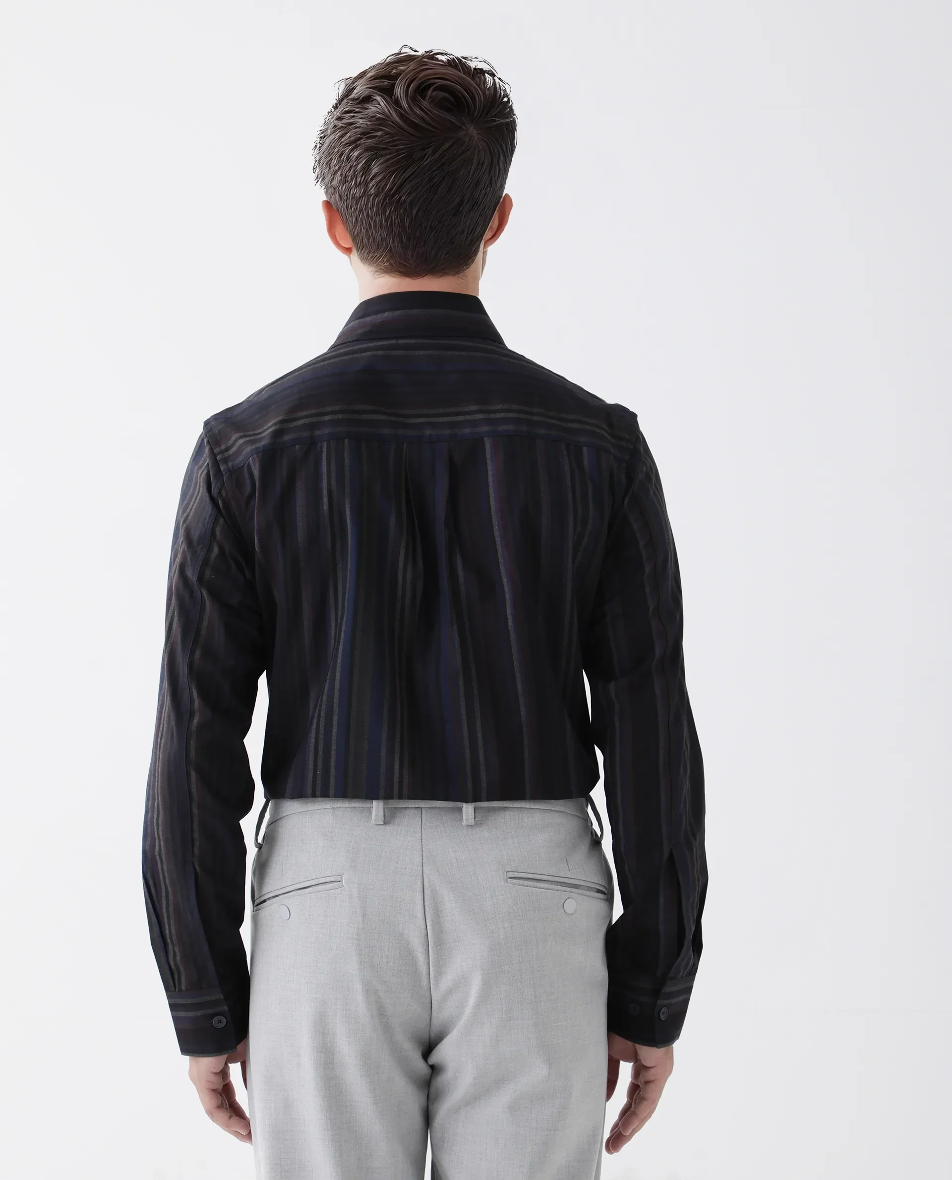 Rare Rabbit Men's Matis Black Polyester Blend Striped Print Relaxed Fit Full Sleeve Collared Shirt - Image 8