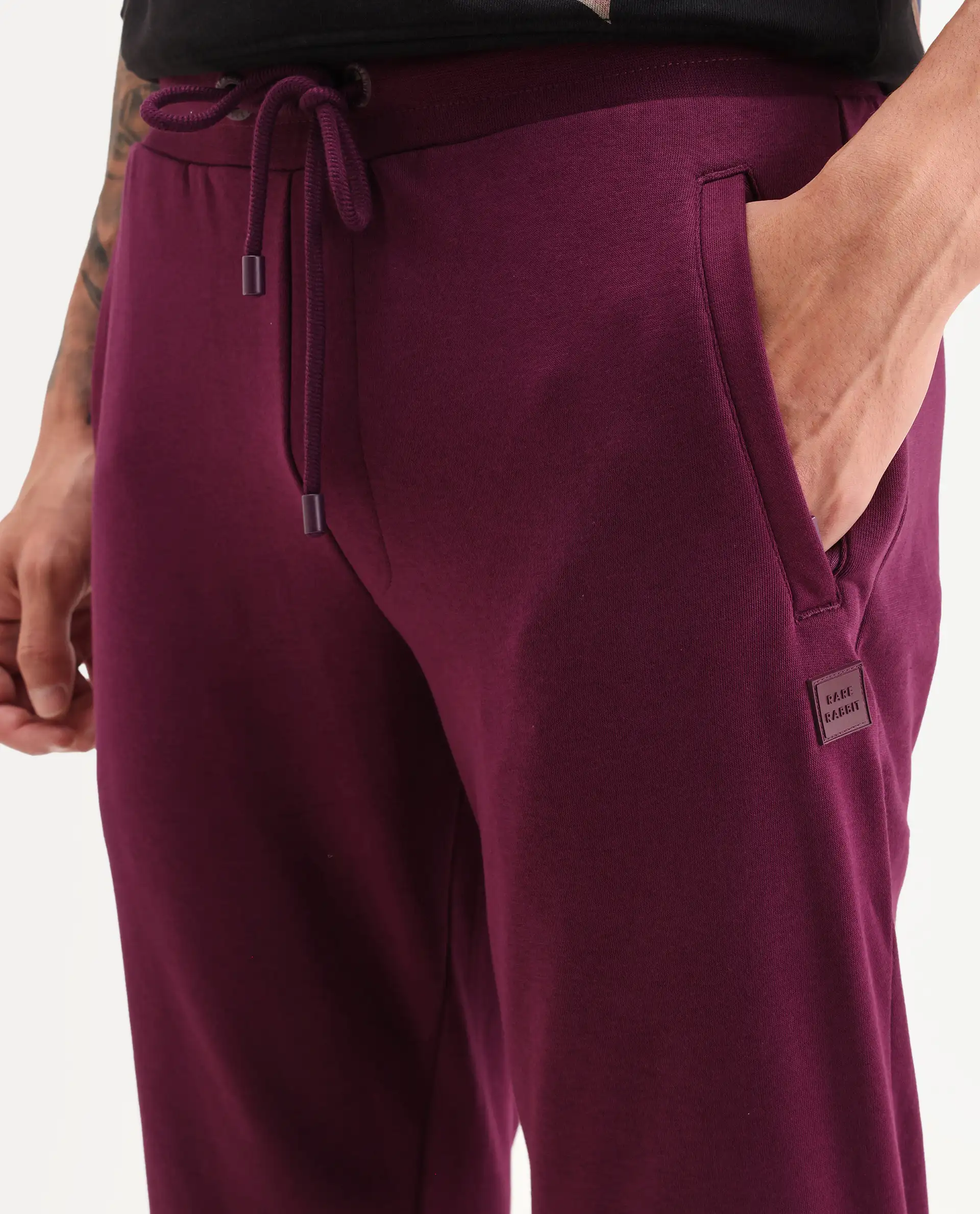 Rare Rabbit Men's Matsu Maroon Cotton Plain Regular Fit Joggers - Image 3