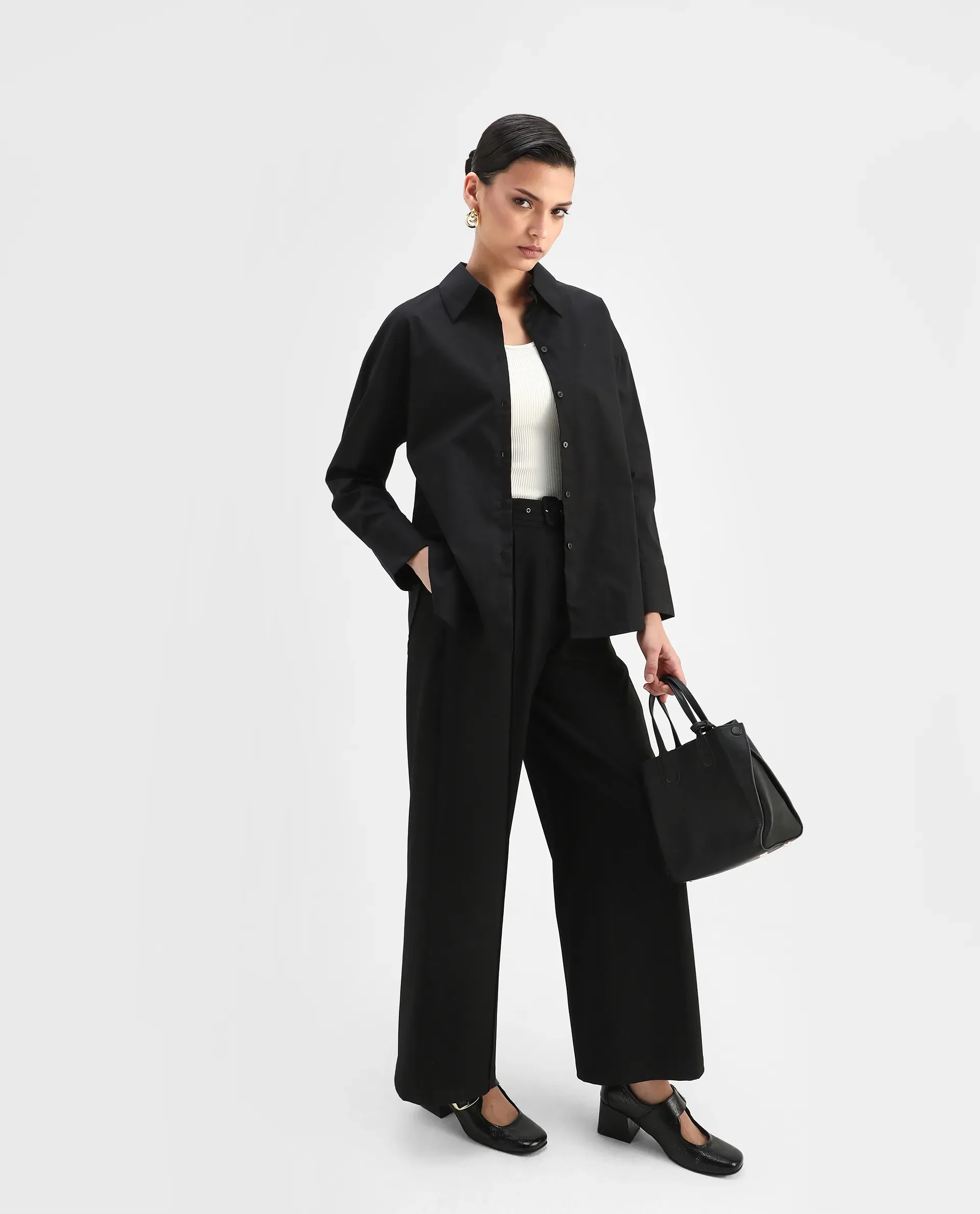Rareism Women's Matsue Black Drop Collar Plain Cuffed Sleeve Boxy Fit Shirt - Image 2