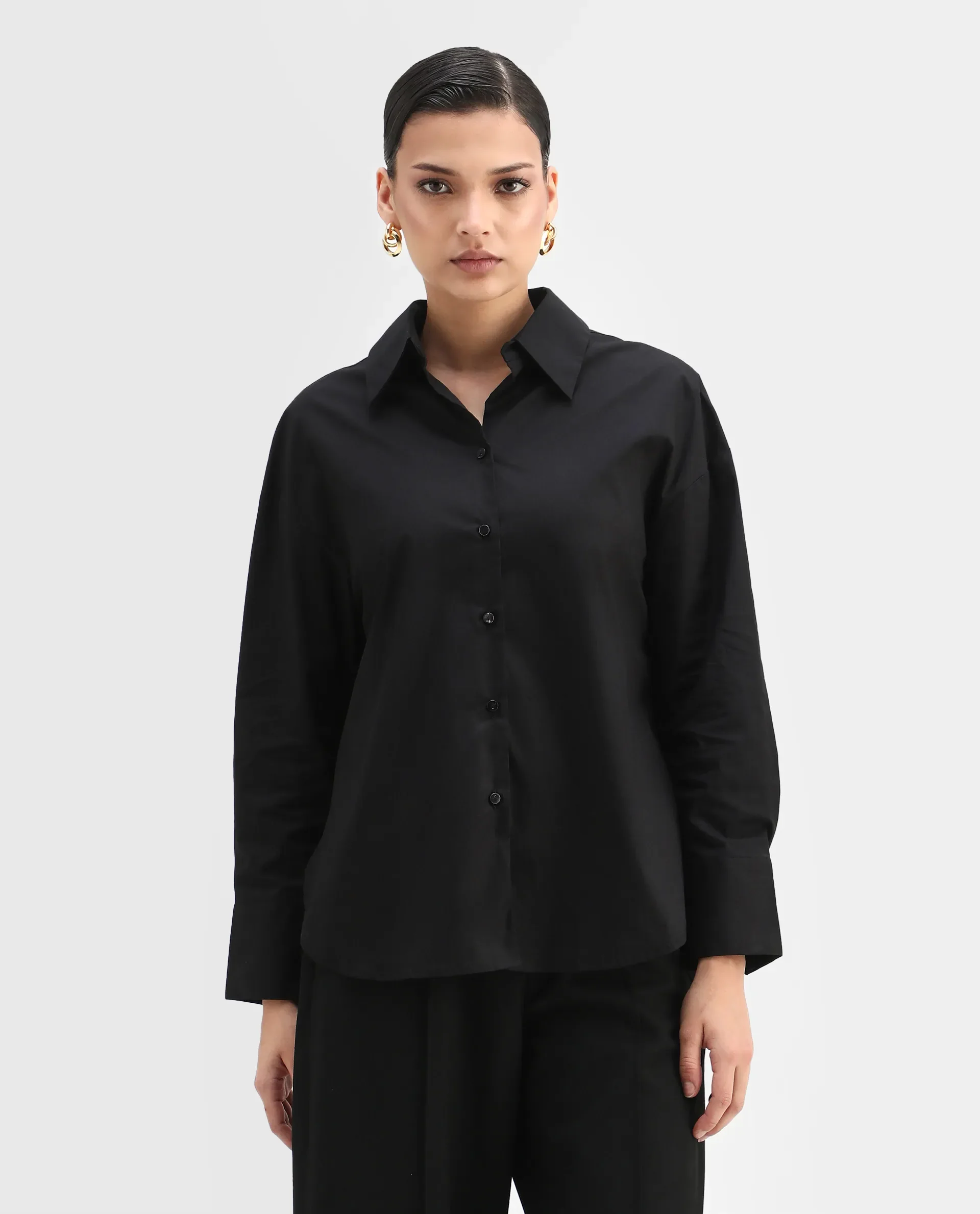 Rareism Women's Matsue Black Drop Collar Plain Cuffed Sleeve Boxy Fit Shirt - Image 3