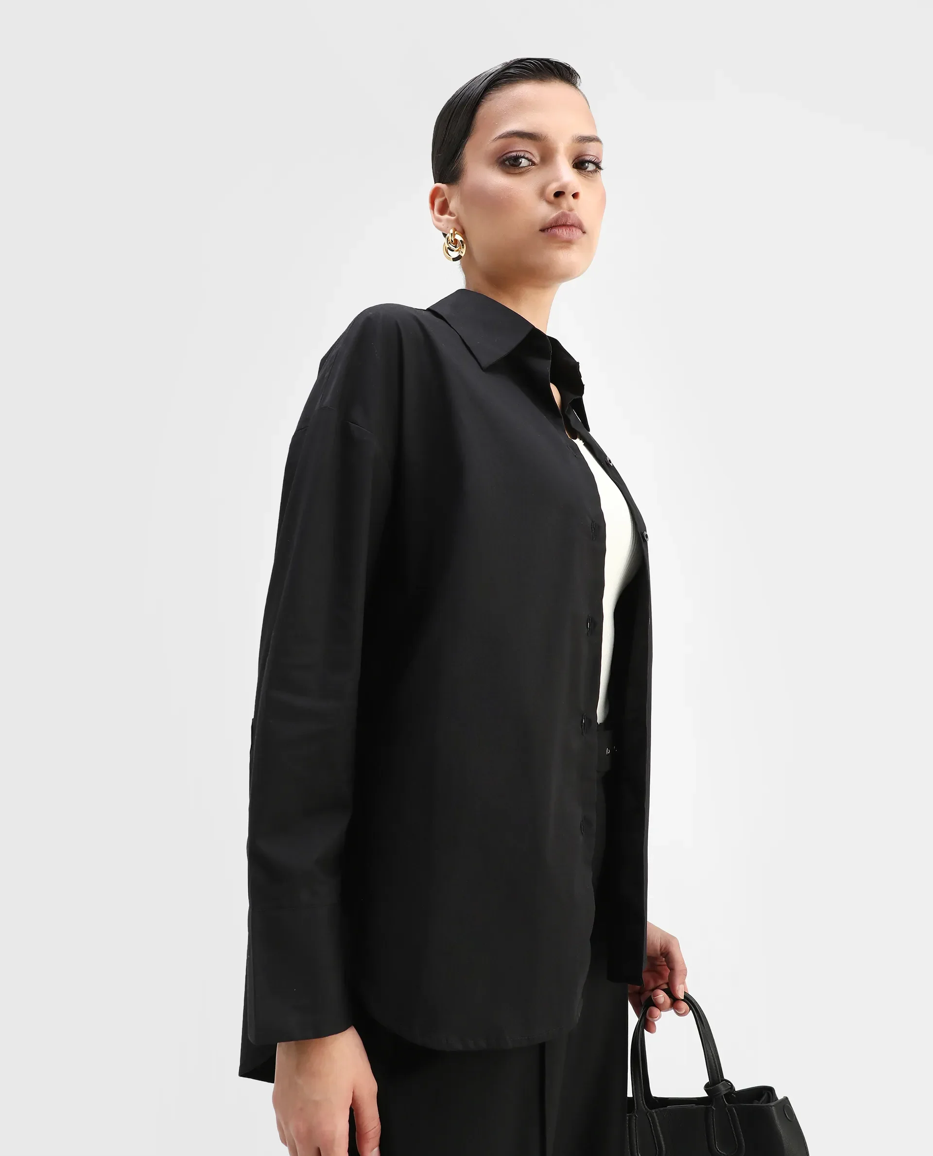 Rareism Women's Matsue Black Drop Collar Plain Cuffed Sleeve Boxy Fit Shirt - Image 5